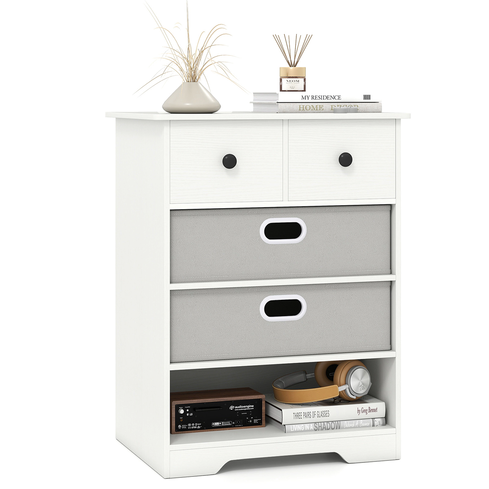 SUGIFT White Fabric Bins and Open Display Shelf 4-Drawer Dresser Chest