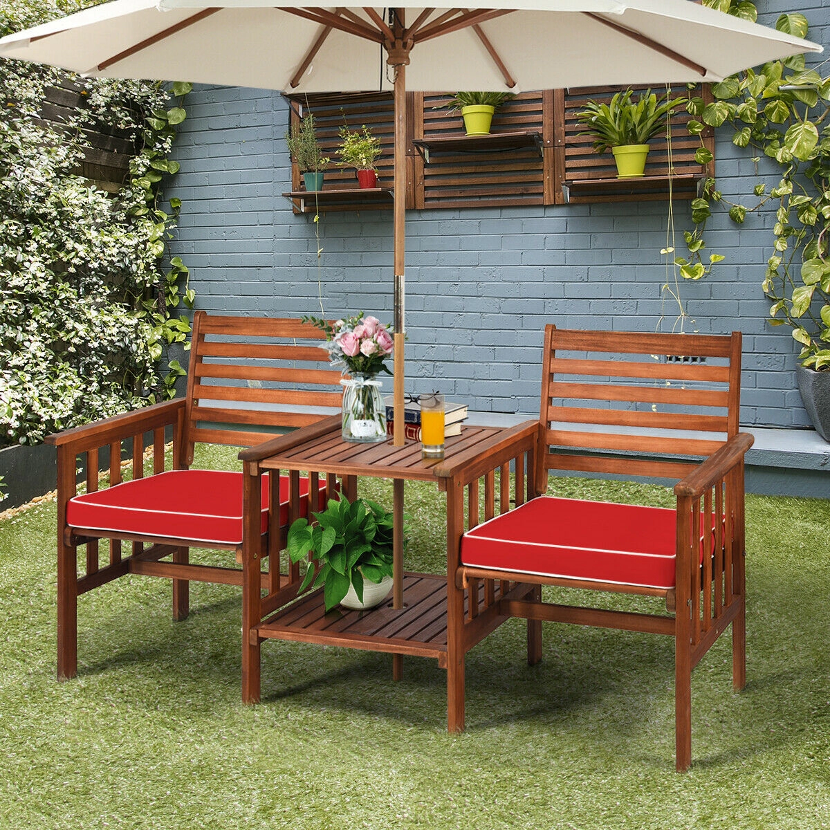 Hivvago 3 Pcs Outdoor Patio Table Chairs Set Acacia Wood Loveseat