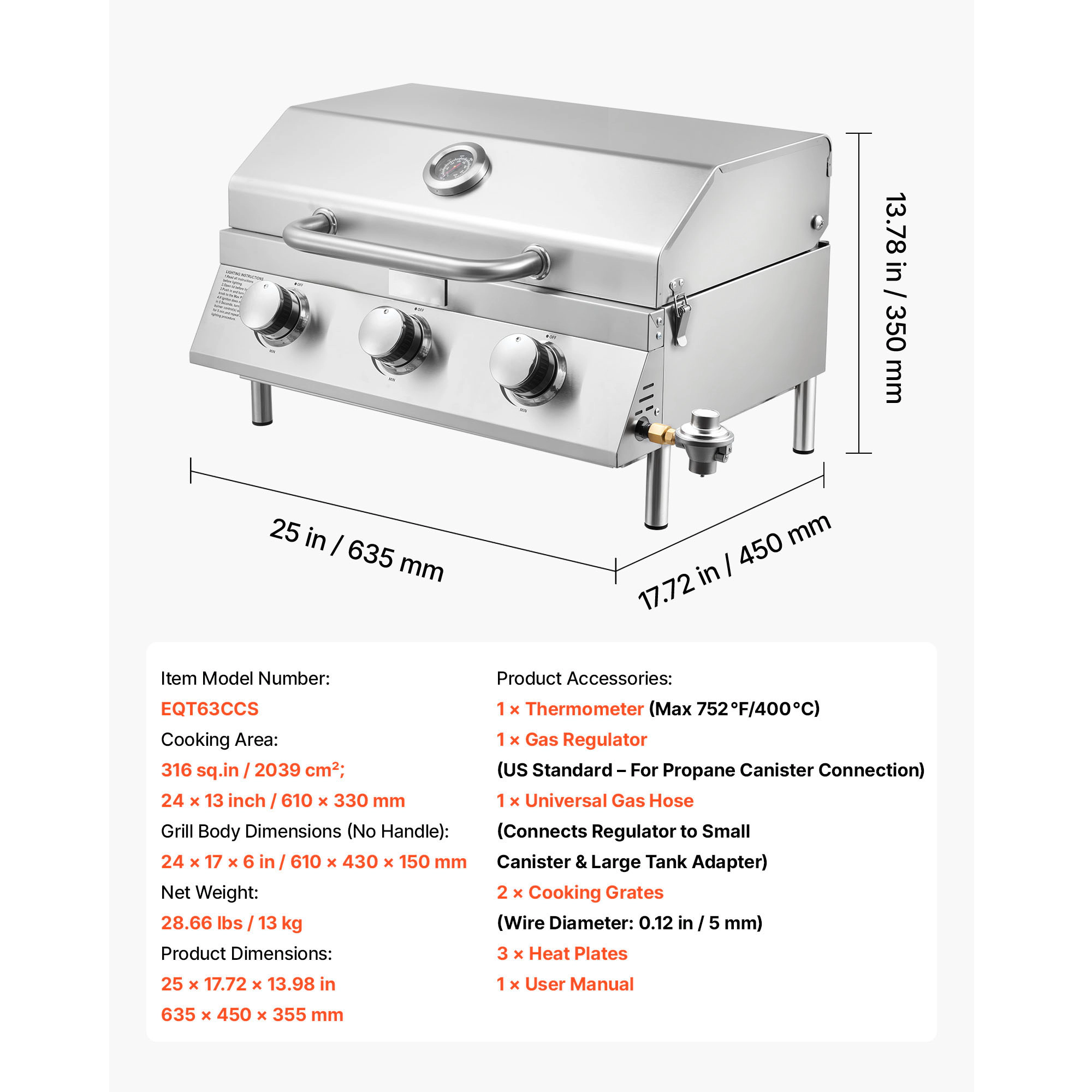 HONGGE Tabletop Gas Grill Stainless Steel Portable Propane Grill with Built-in Thermometer Travel Locks Weatherproof