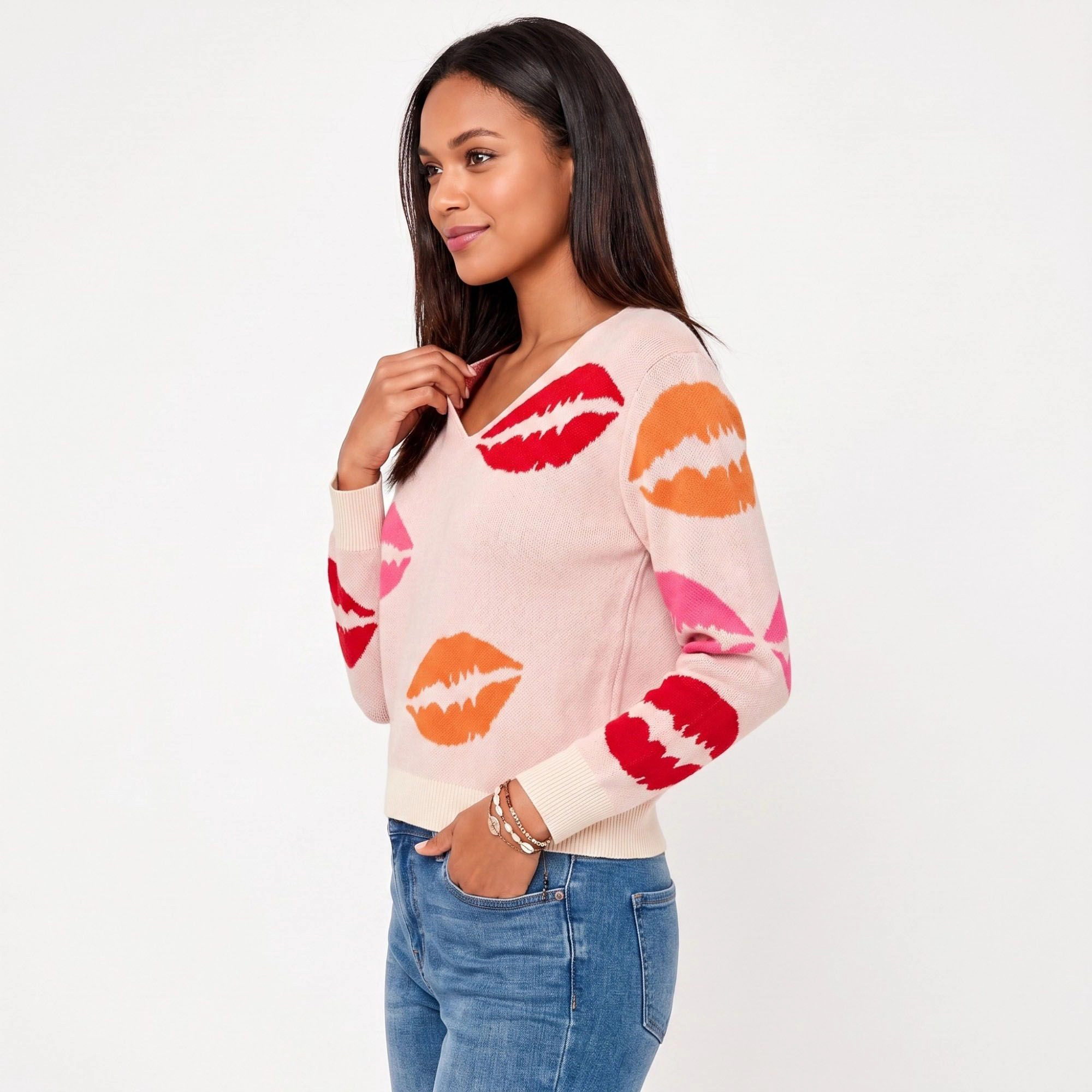 Anna-Kaci Women's Lip Print V-Neck Long Sleeve Knit Sweater