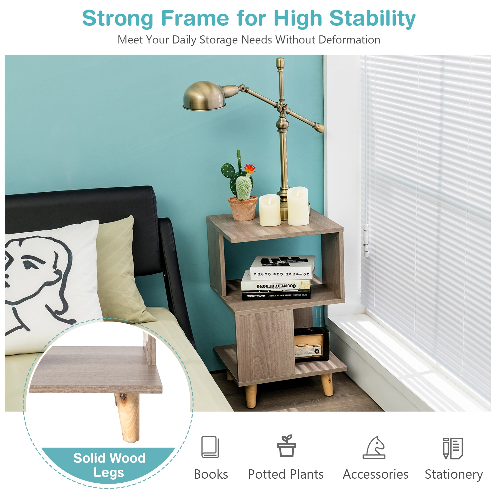 Glintex 2-Piece Asymmetrical Nightstand Set with Thickened Board and Support Legs, Gray