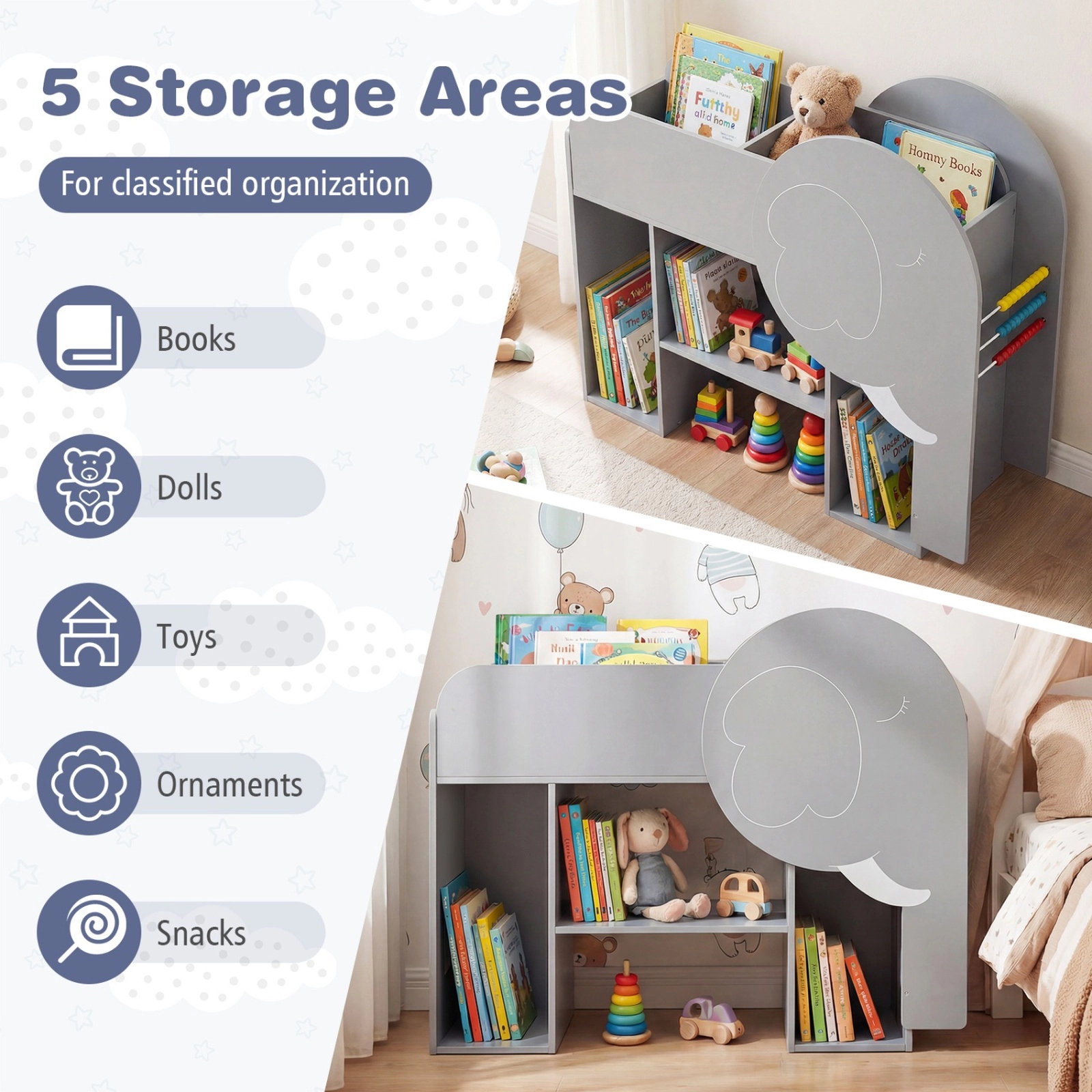 SUGIFT Gray 22-lb Shelf Elephant-Shaped Montessori 3-Tier Kids Bookshelf Toy Storage Organizer with Abacus