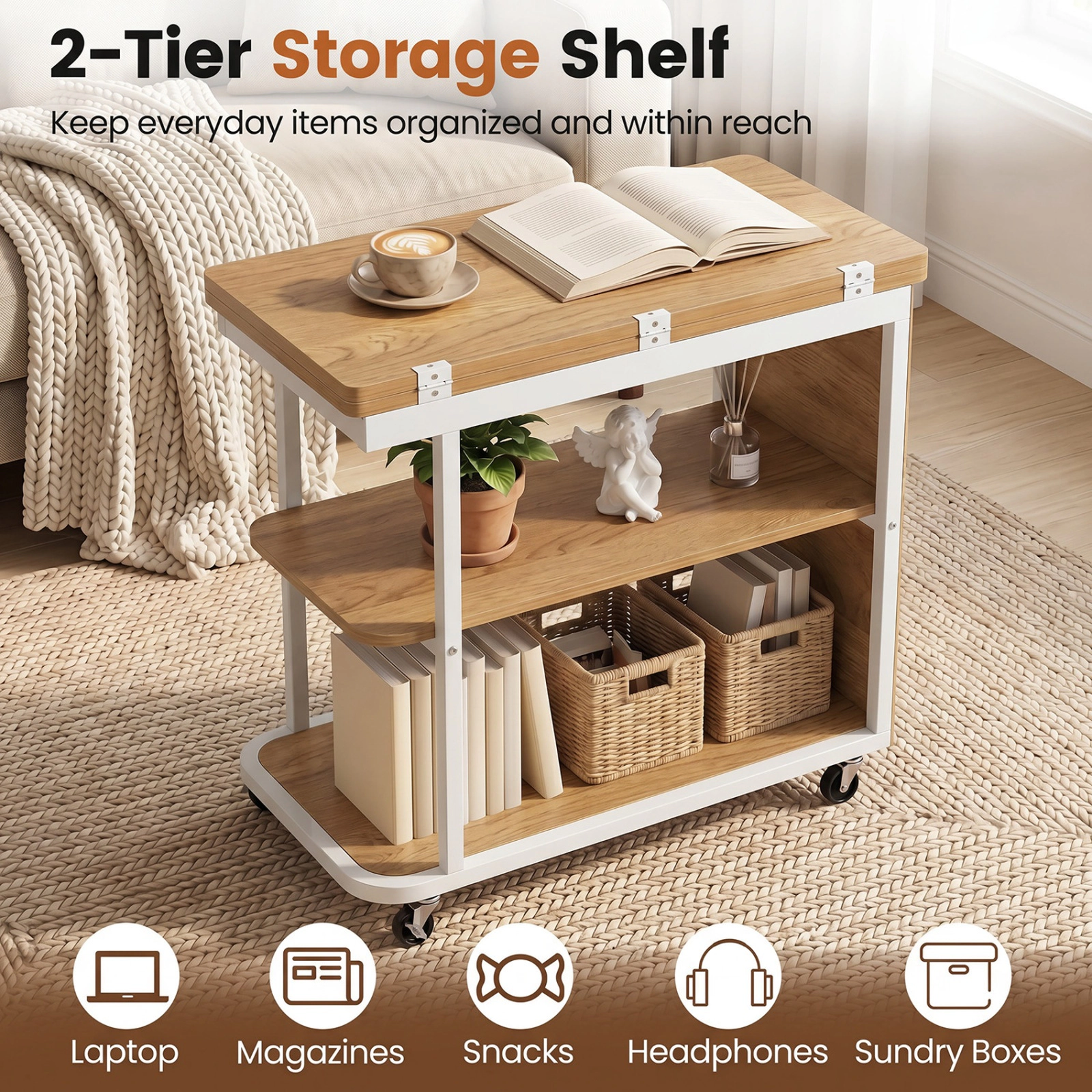 SUGIFT Mobile Night Stand with Foldable Swivel Top and 2-Tier Shelf 100-lb Tabletop Capacity Natural & White