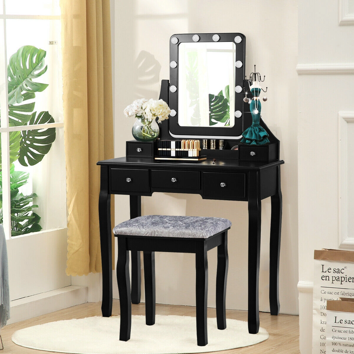 Hivvago Vanity Dressing Table Set With 10 Dimmable Bulbs And Cushioned Stool