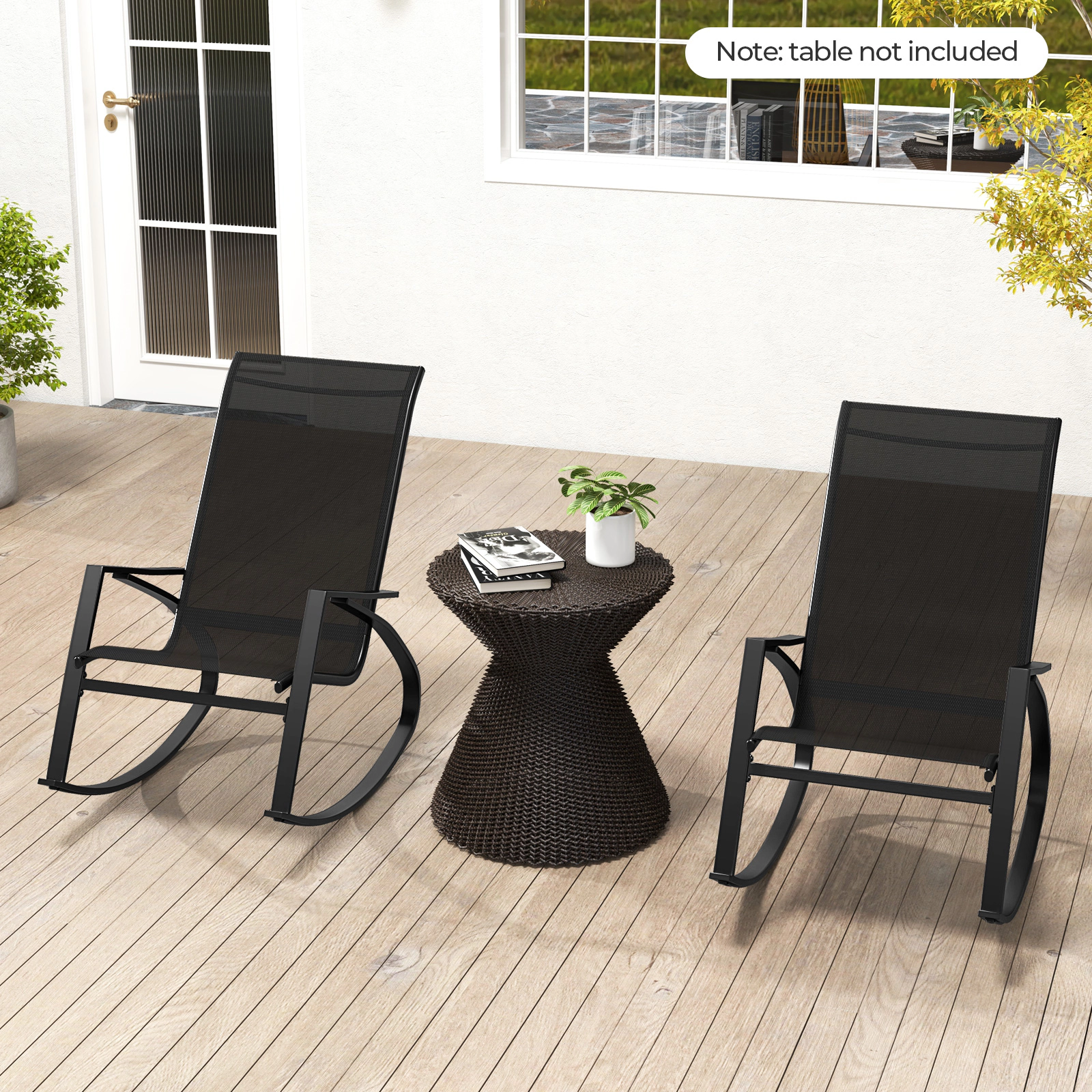 SUGIFT Set of 2 330-lb Capacity Black Sling Fabric Outdoor Patio Rocking Chairs with Curved Backrest