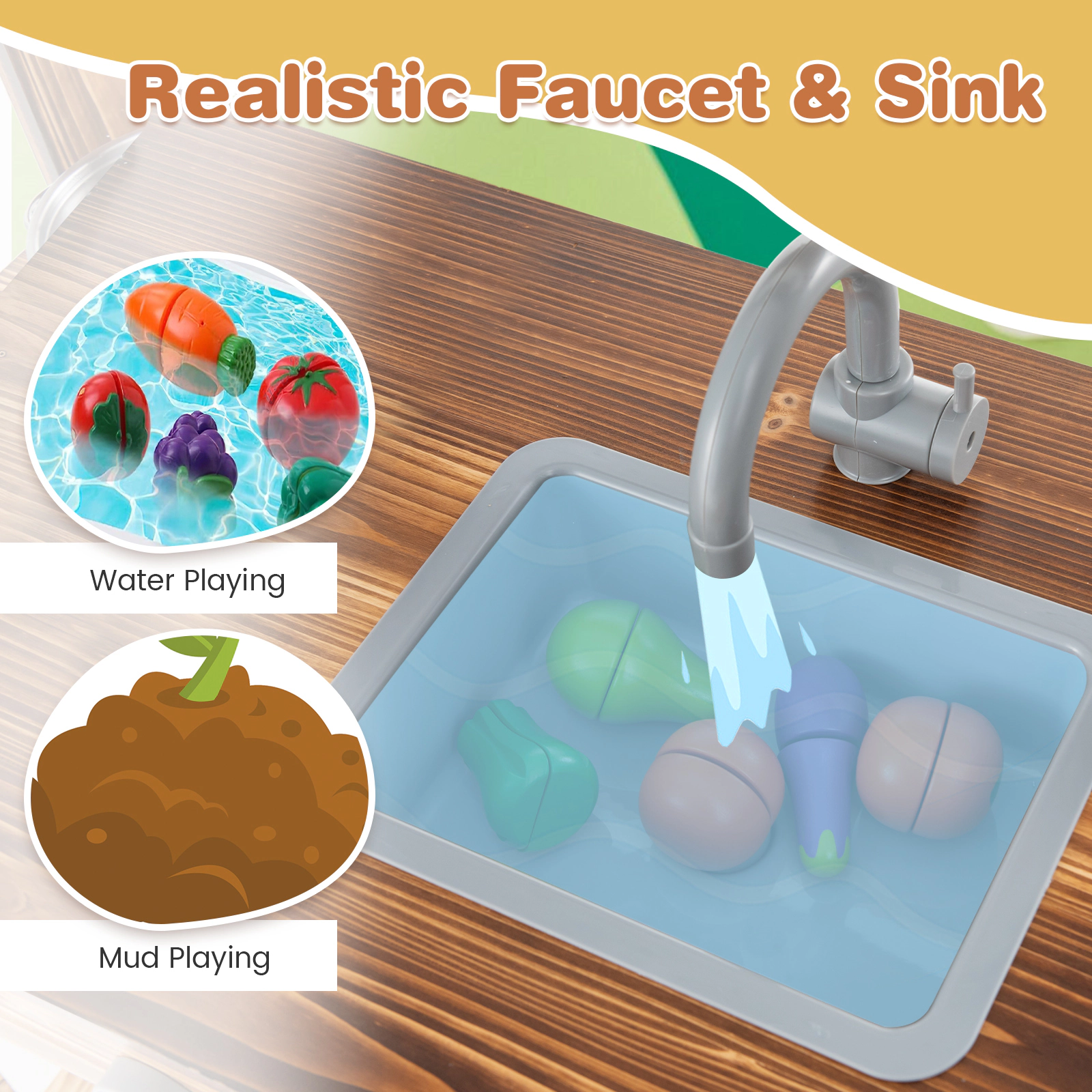 SUGIFT Kids Natural Fir Wood Outdoor Mud Kitchen with Rotatable Faucet and Removable Sink 25.5-in W 38-in H