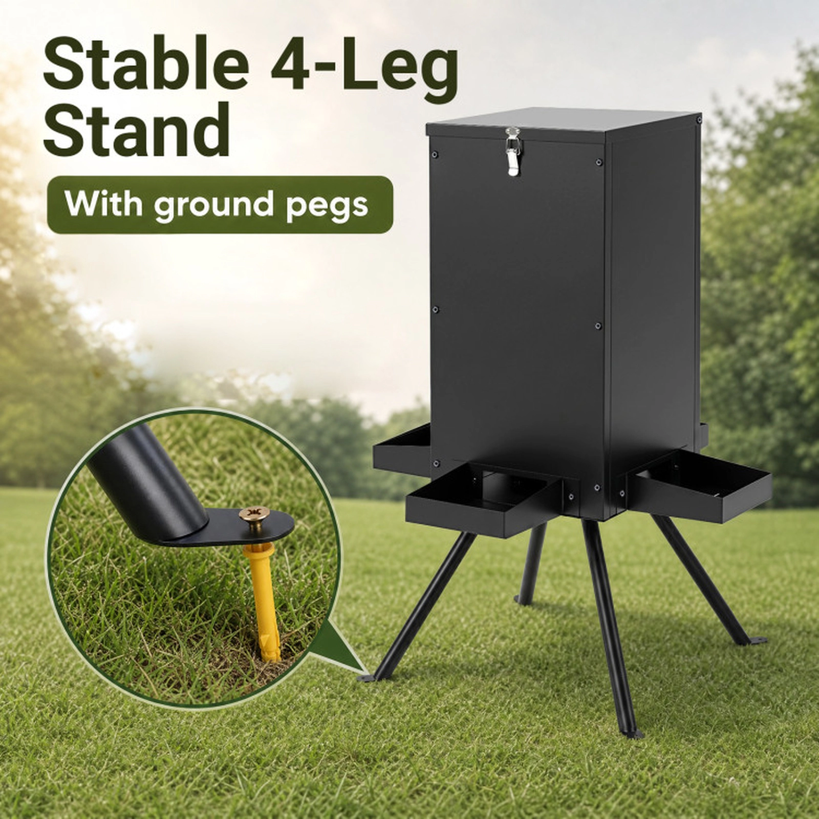 SUGIFT 90-lb Gravity Deer Feeder with 50-90 lb Hopper Capacity 4 Feeding Trays 4-Leg Stand 36-in Tall Black