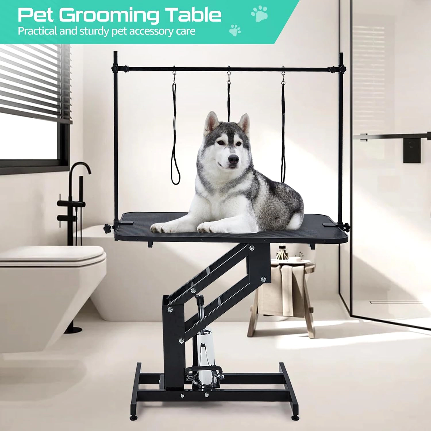 43.3" x 23.6" Hydraulic Dog Grooming Table, 350 lb Capacity, Non-Slip Top, 3 Nooses, Black