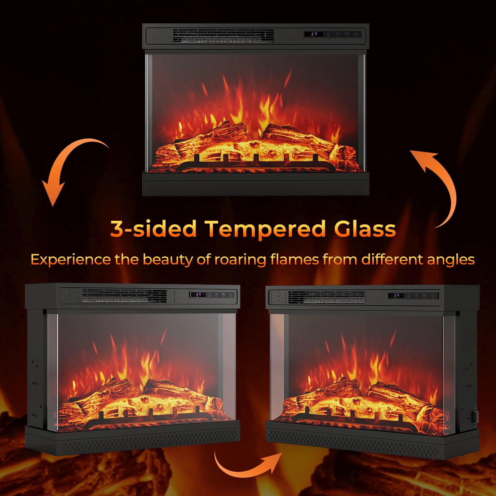 SlickBlue 24 Inch Electric Fireplace Heater with 3-Sided Glass