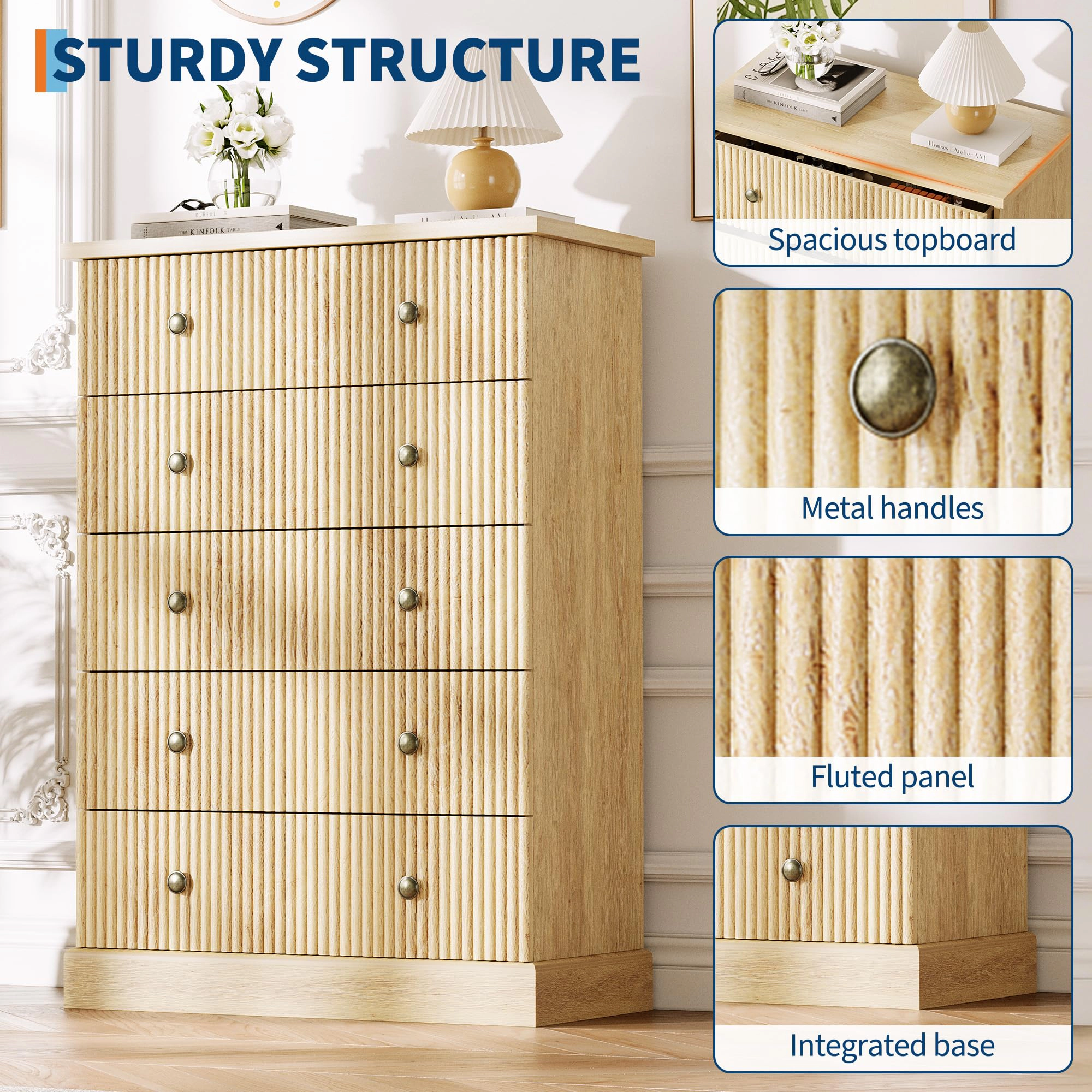 5 Drawer Fluted Dresser, Slim Vertical Wood Chest with Metal Handles for Bedroom Apartment Guest Room