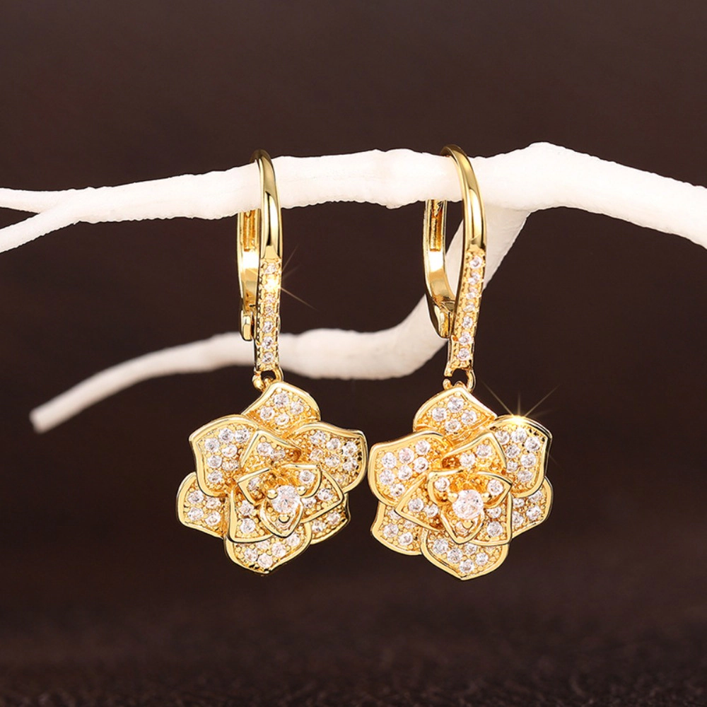 Luxury Camellia Flower Cubic Zirconia Dangle Earrings for Women