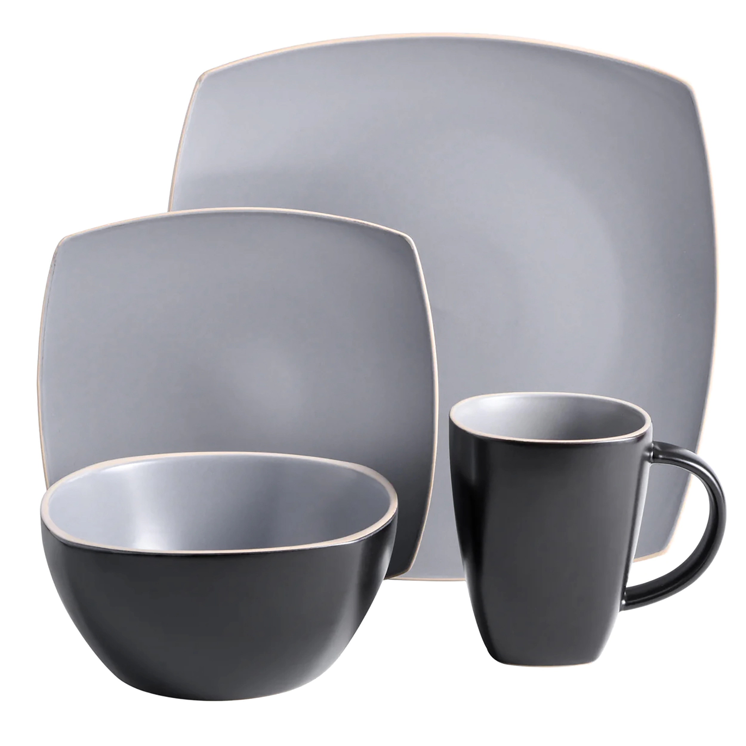Gibson Home Soho Lounge 16 Piece Soft Square Stoneware Dinnerware Set in Grey Matte