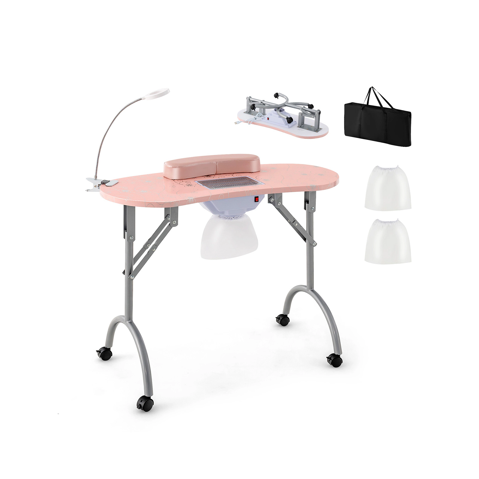 SUGIFT 66-lb Capacity Folding Manicure Table with Bendable USB LED Lamp Dust Collector and Carrying Bag