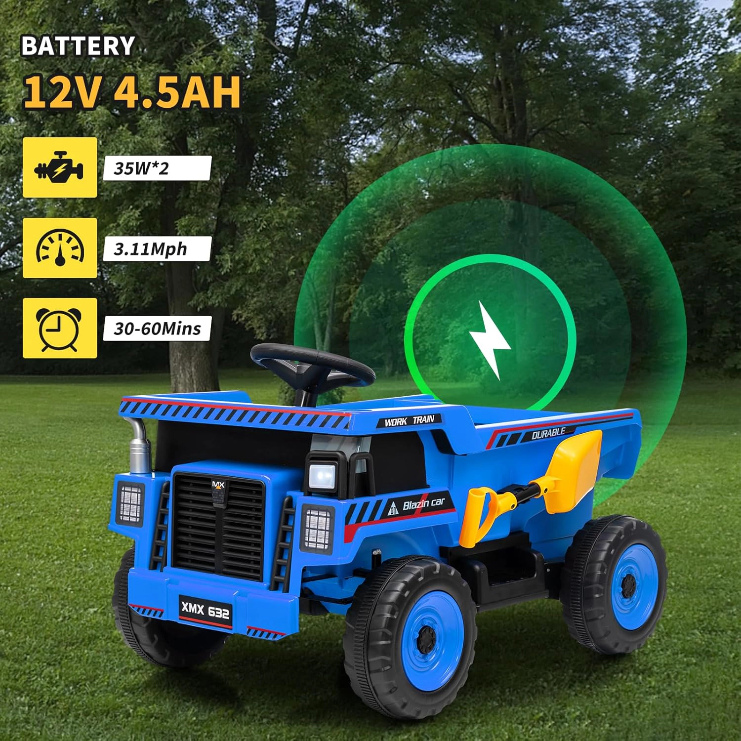 12V Kids Ride On Dump Truck, Electric Construction Vehicle with Remote Control, Bed,Suspension,LED Lights & Music