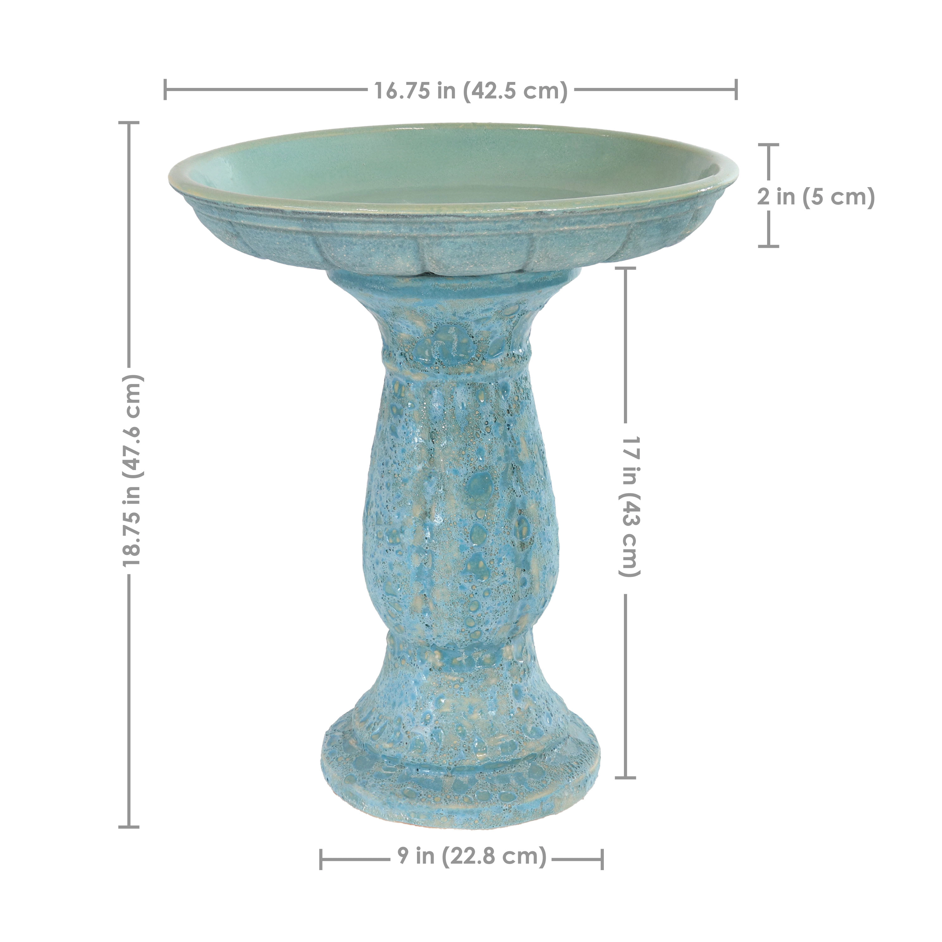 Sunnydaze Ceramic Bird Bath for Outdoors, 18” H, Blue Lava Distressed