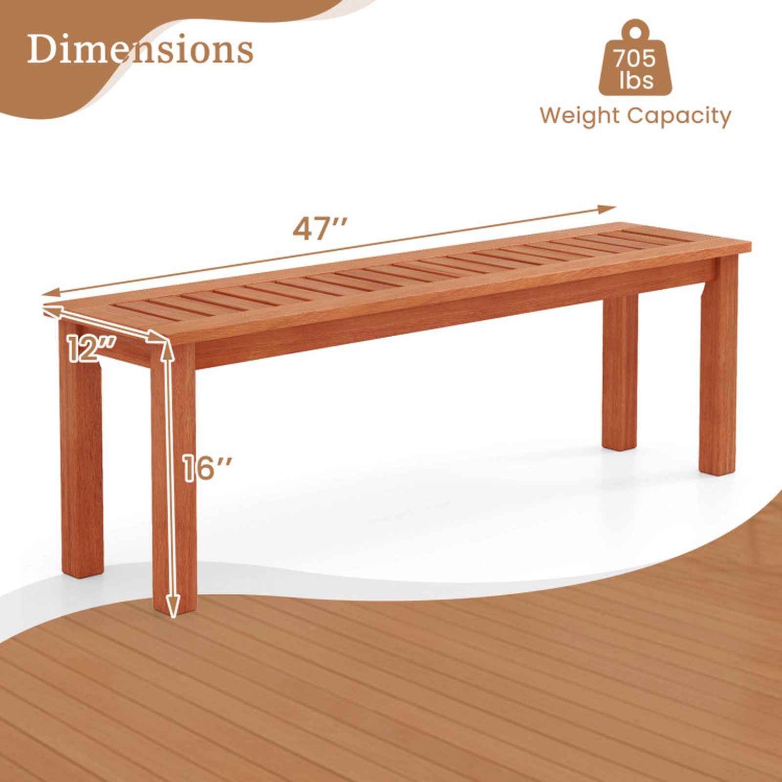 SUGIFT 47-In Teak-Finish Backless Solid Wood Outdoor Bench, 2-Person