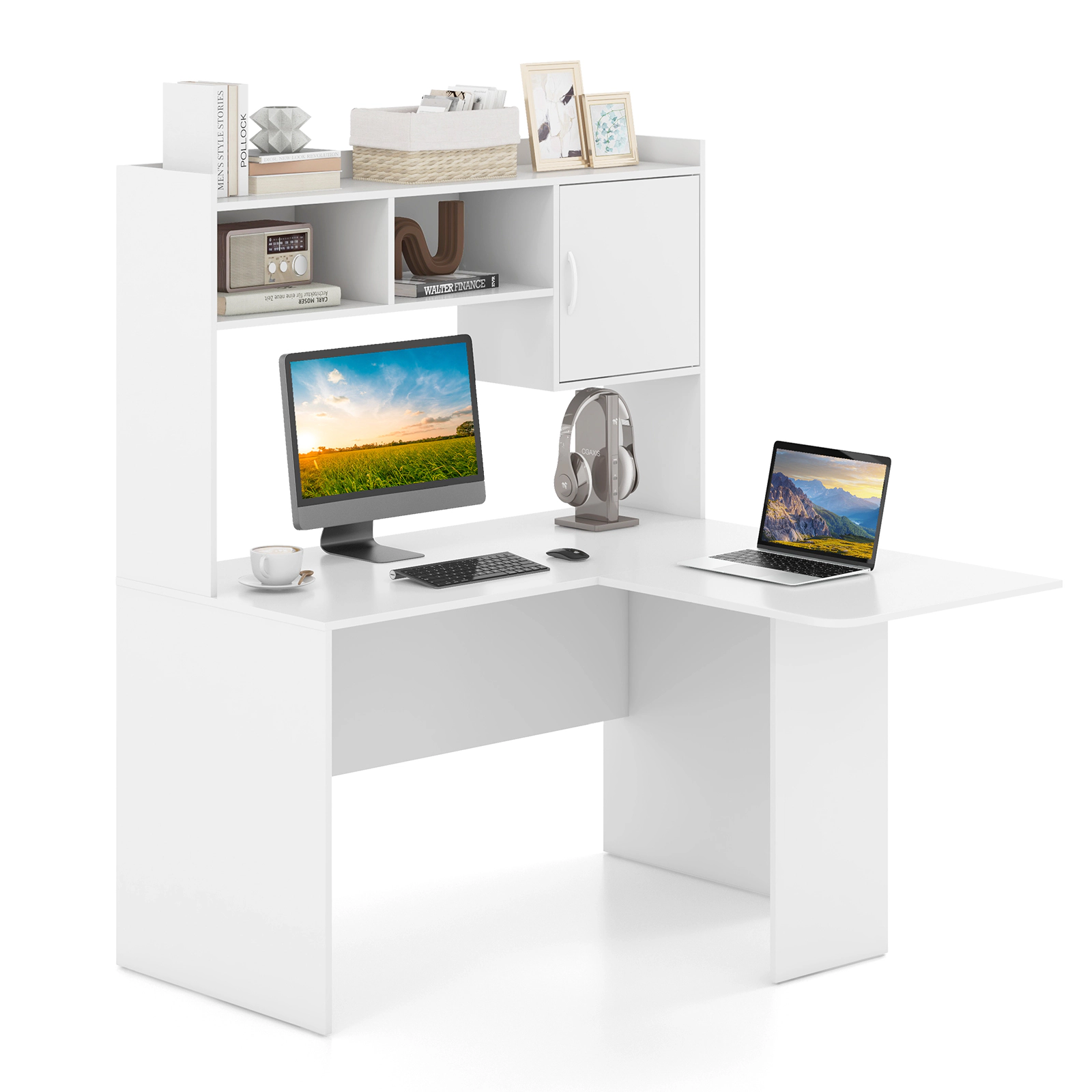 LJG L-Shaped Desk Corner Computer Desk with Open Storage Hutch and Cabinet