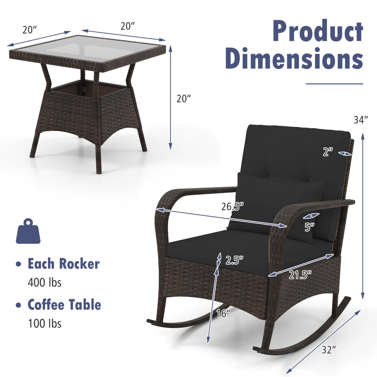 SUGIFT 3-Piece Brown Outdoor Rocking Bistro Set with 2 Wicker Chairs and Glass Coffee Table