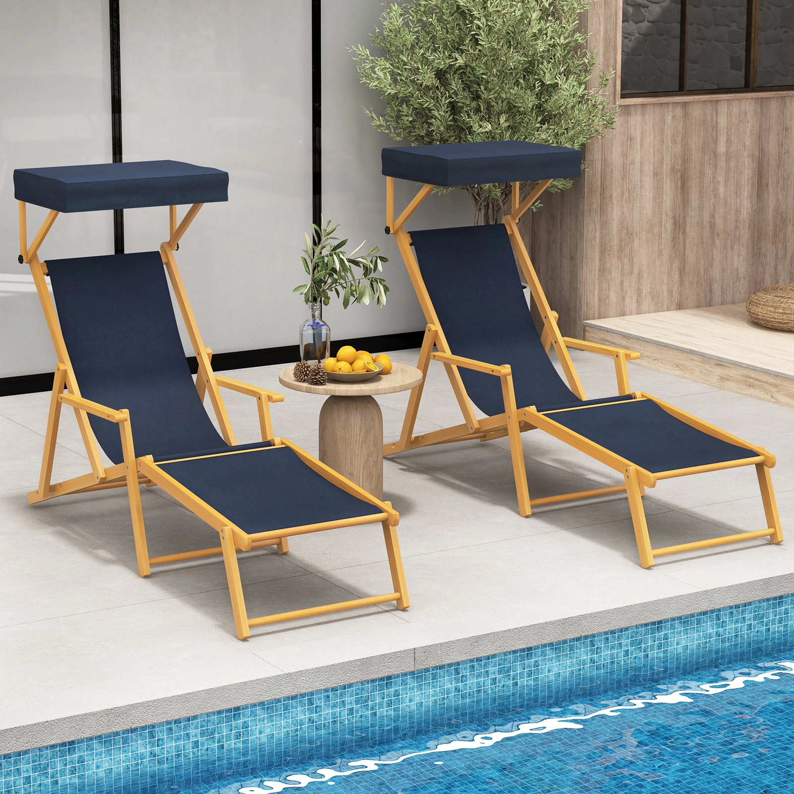 SUGIFT Birch Wood Chaise Lounge Beach Chair with Canopy, 4-Position Backrest, Footrest, Navy