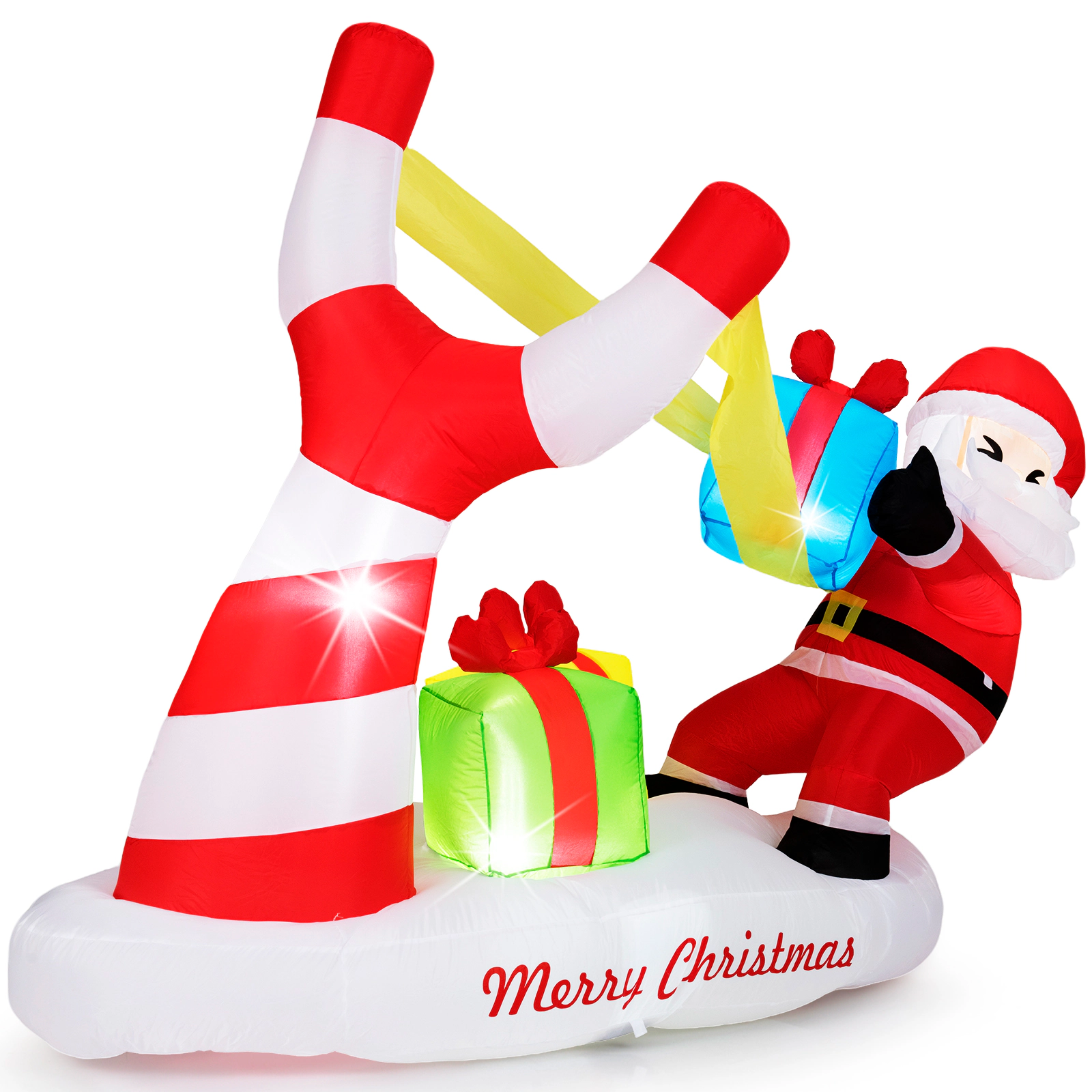 SUGIFT 7-ft Christmas Inflatable Santa with Slingshot Gift Boxes and 5 LED Lights for Blow Up Yard Decor