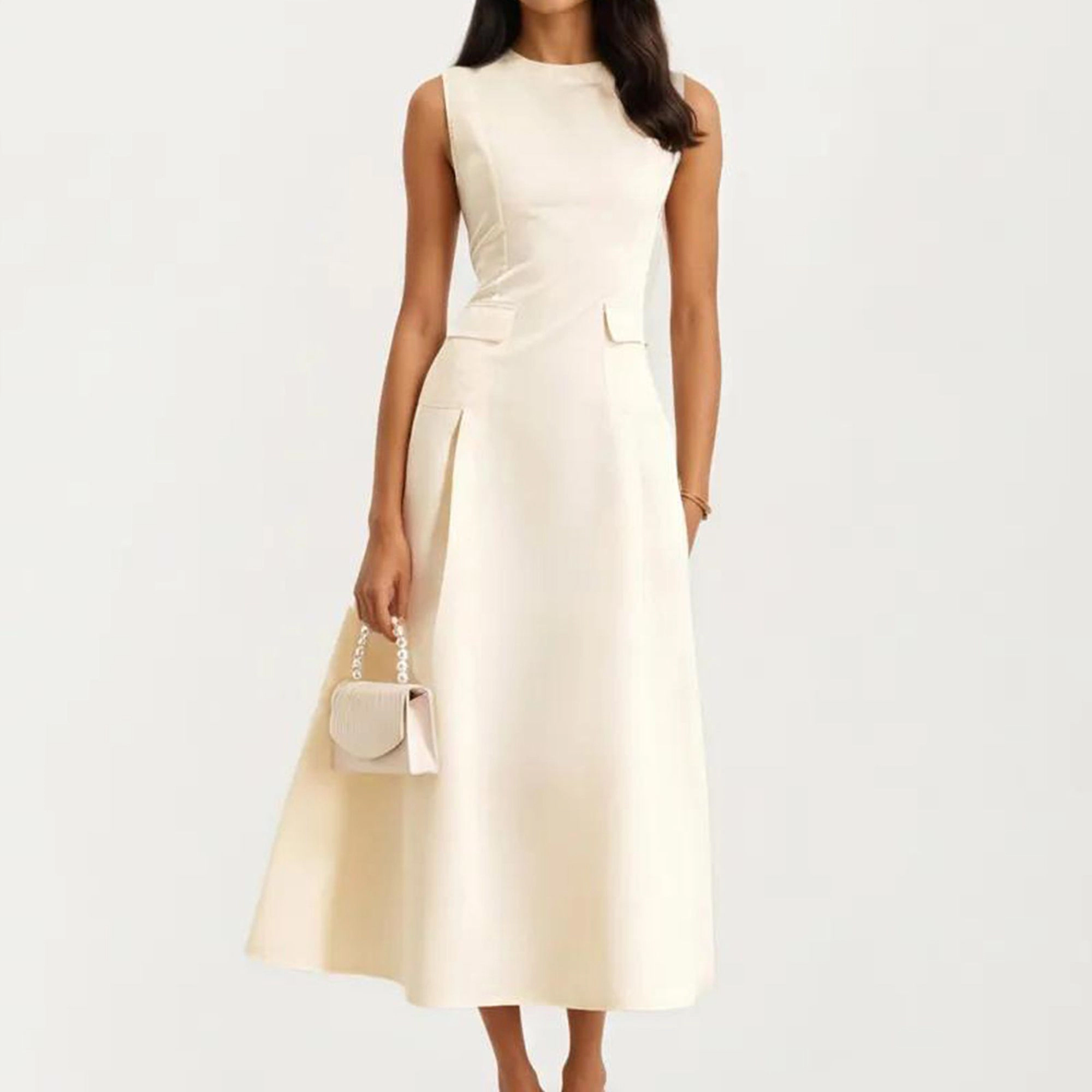 Anna-Kaci Women's Sleeveless Tailored Seaming Flared Skirt Midi Dress