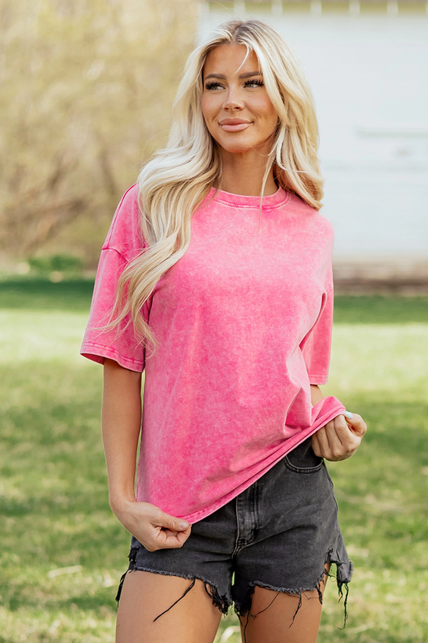 Threaded Pear Womens Neriah Mineral Washed Oversize Tee - Sachet Pink