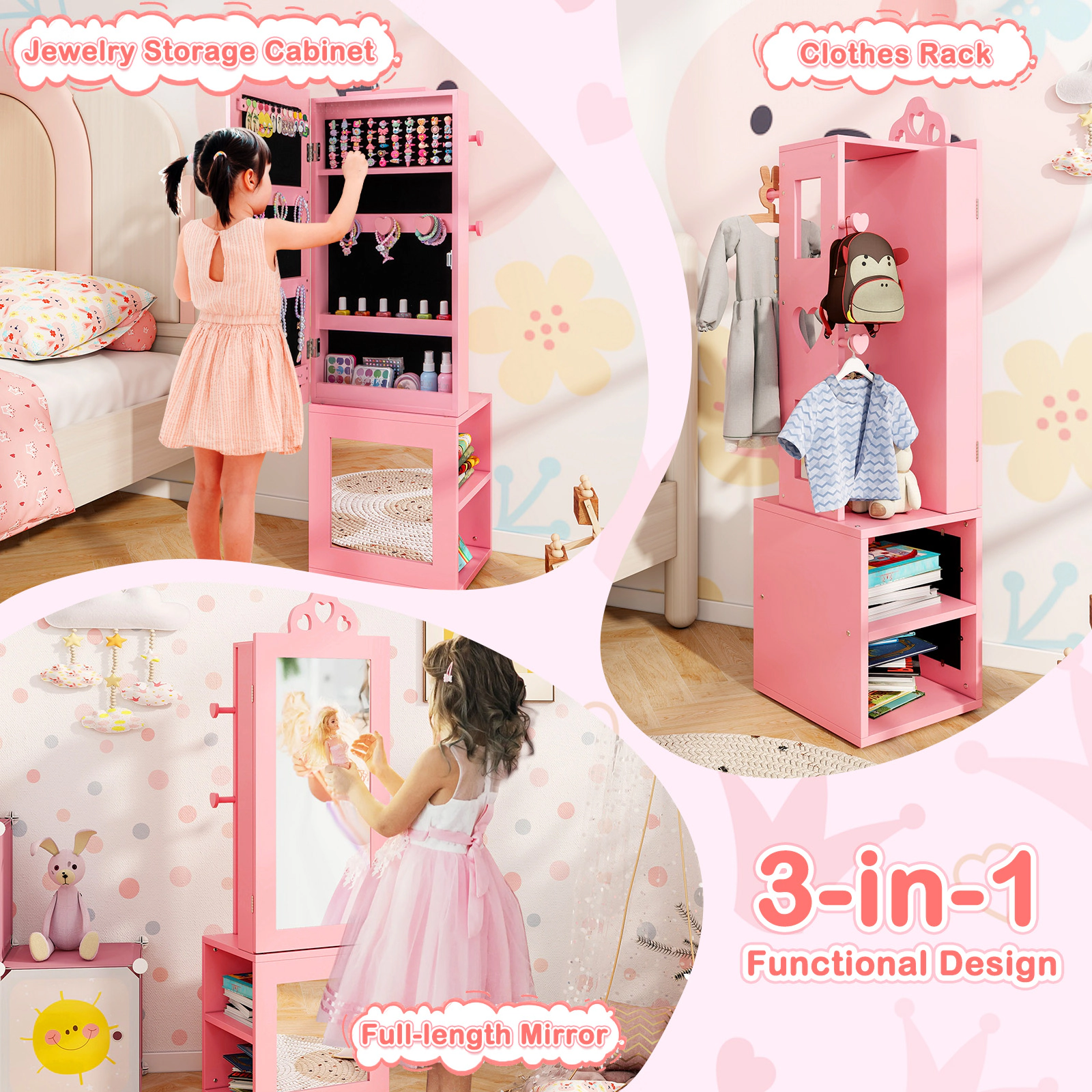 SUGIFT Kids Jewelry Cabinet and Dress-Up Organizer with Floor-Length Mirror and Back Panel Hooks