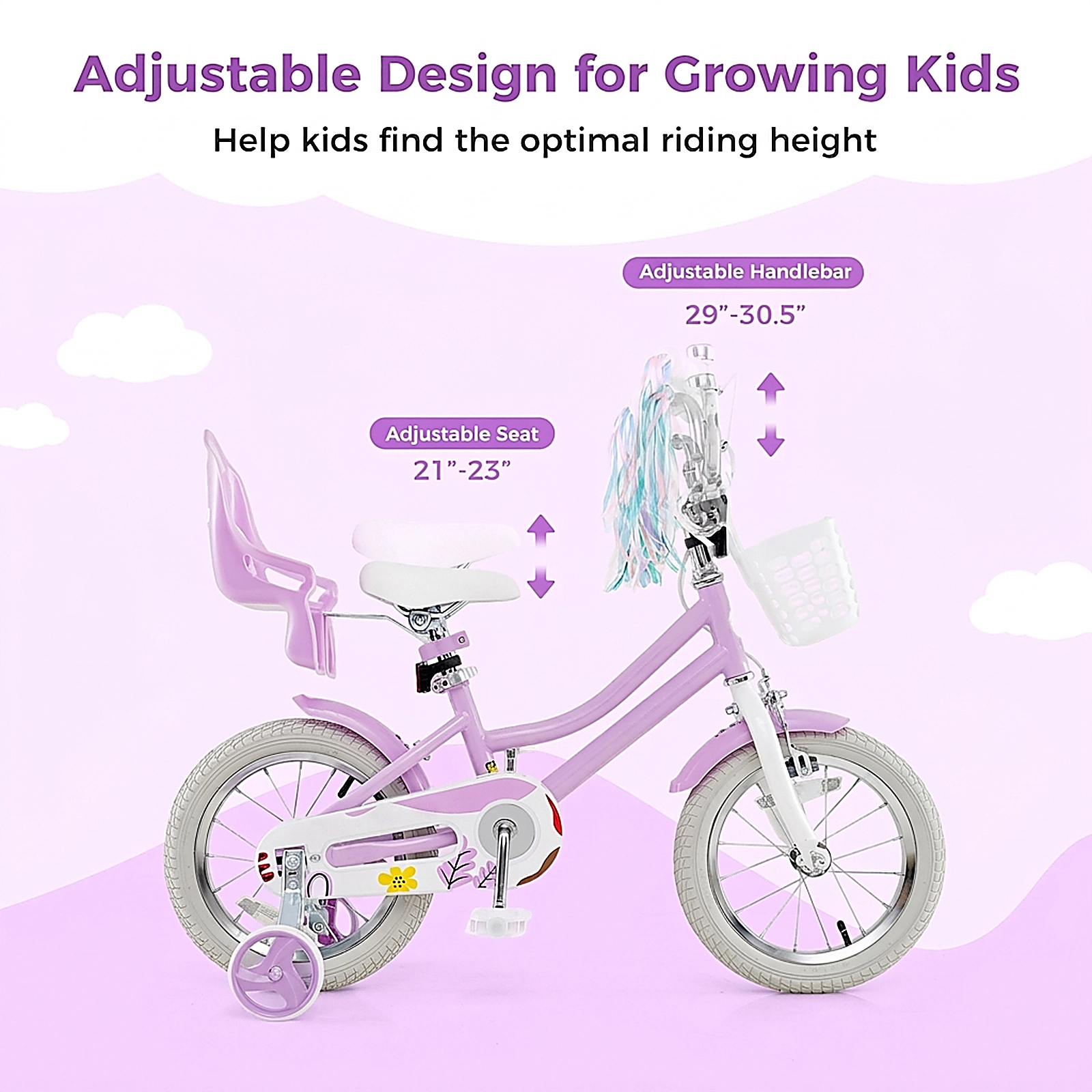 SUGIFT 14-Inch Girls Kids Bicycle with Dual Brake System Doll Seat and Streamers 145-lb Capacity Ages 3-5 Rose Red -30.5