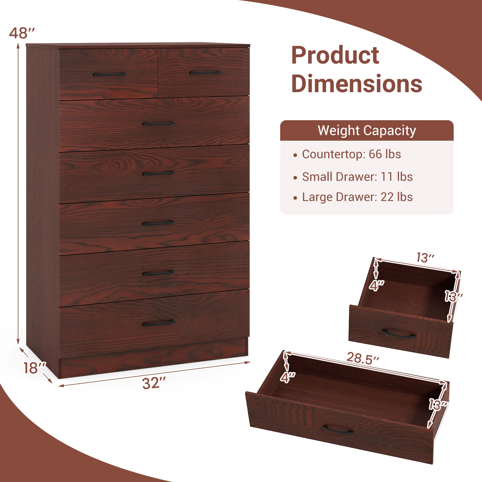 Glintex 48-Inch Tall 7-Drawer Chest with Metal Handles and Anti-Tip Kits