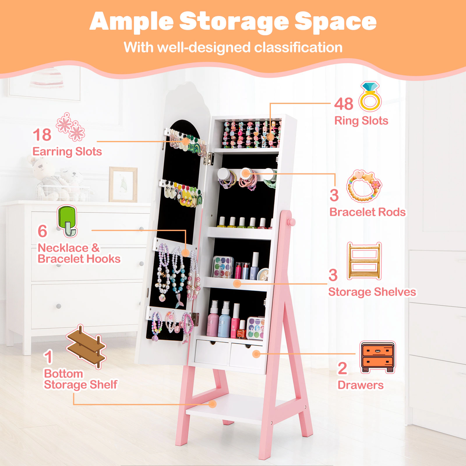 SUGIFT 2-Piece Kids Vanity Set with Tri-Fold Mirror Stool and Standing Jewelry Armoire Full-Length Mirror