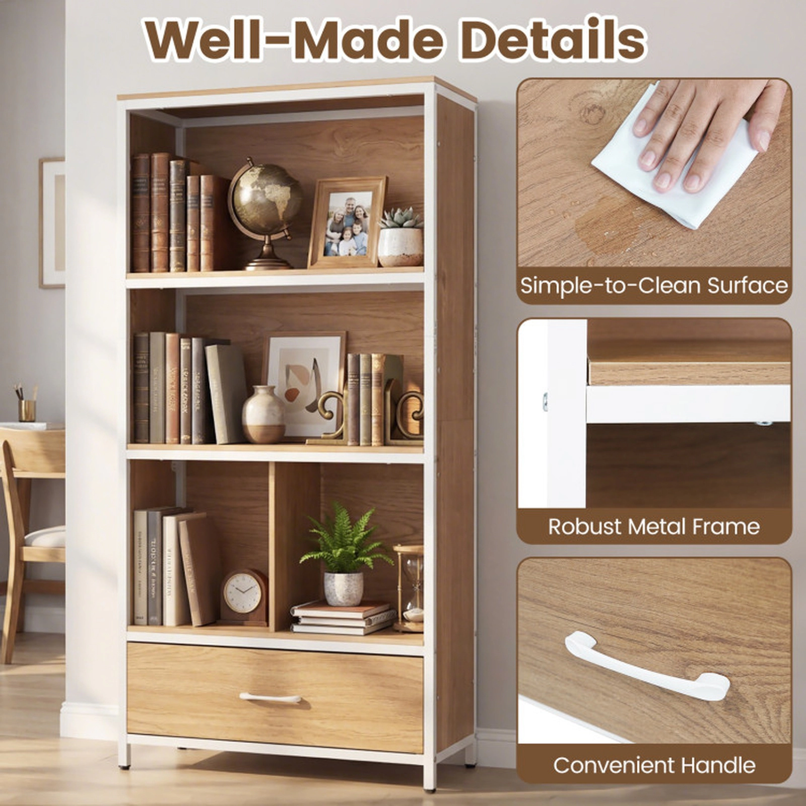 SUGIFT 5-Tier Natural 56-in Tall Freestanding Bookshelf with Removable Fabric Drawer and Open Storage