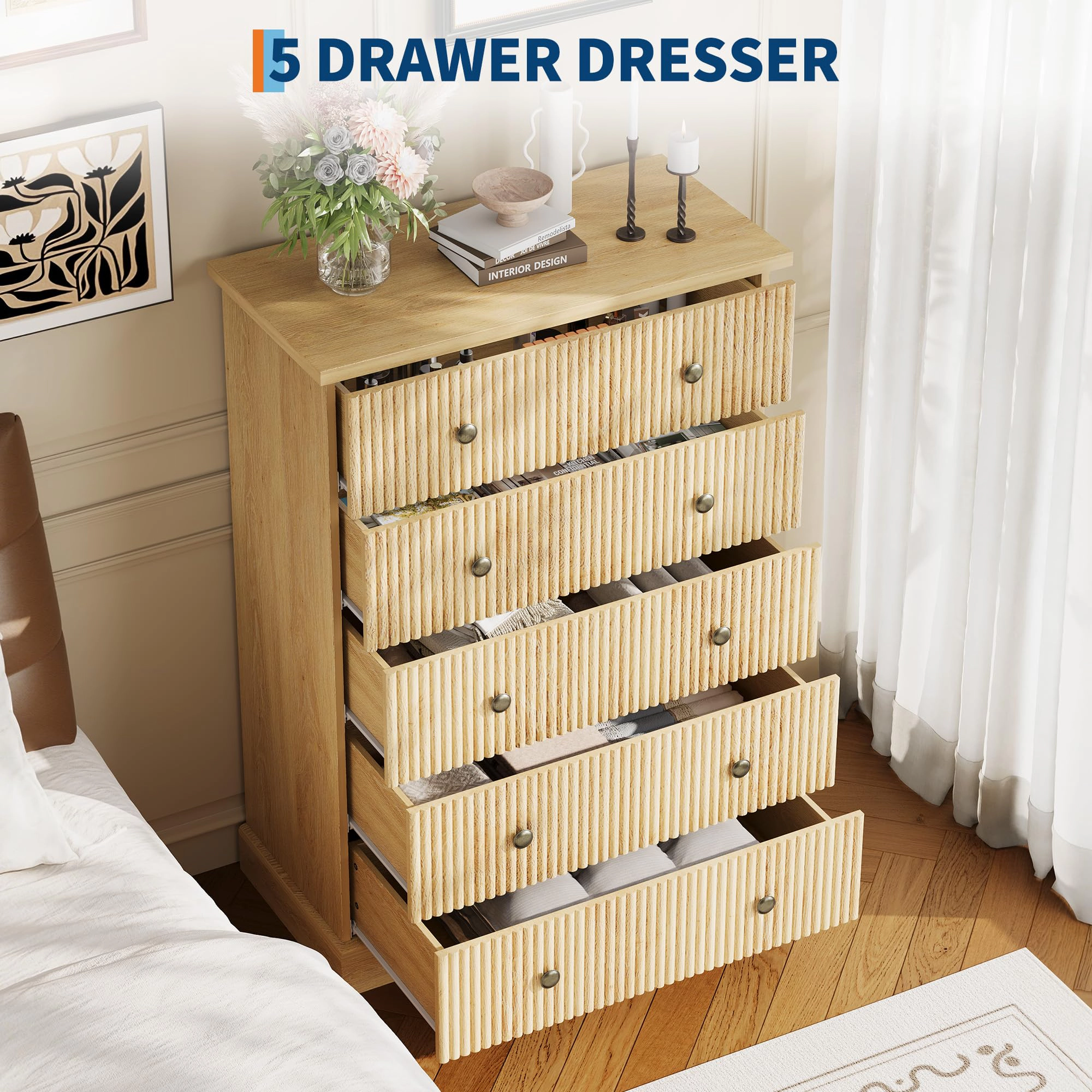 5 Drawer Fluted Dresser, Slim Vertical Wood Chest with Metal Handles for Bedroom Apartment Guest Room