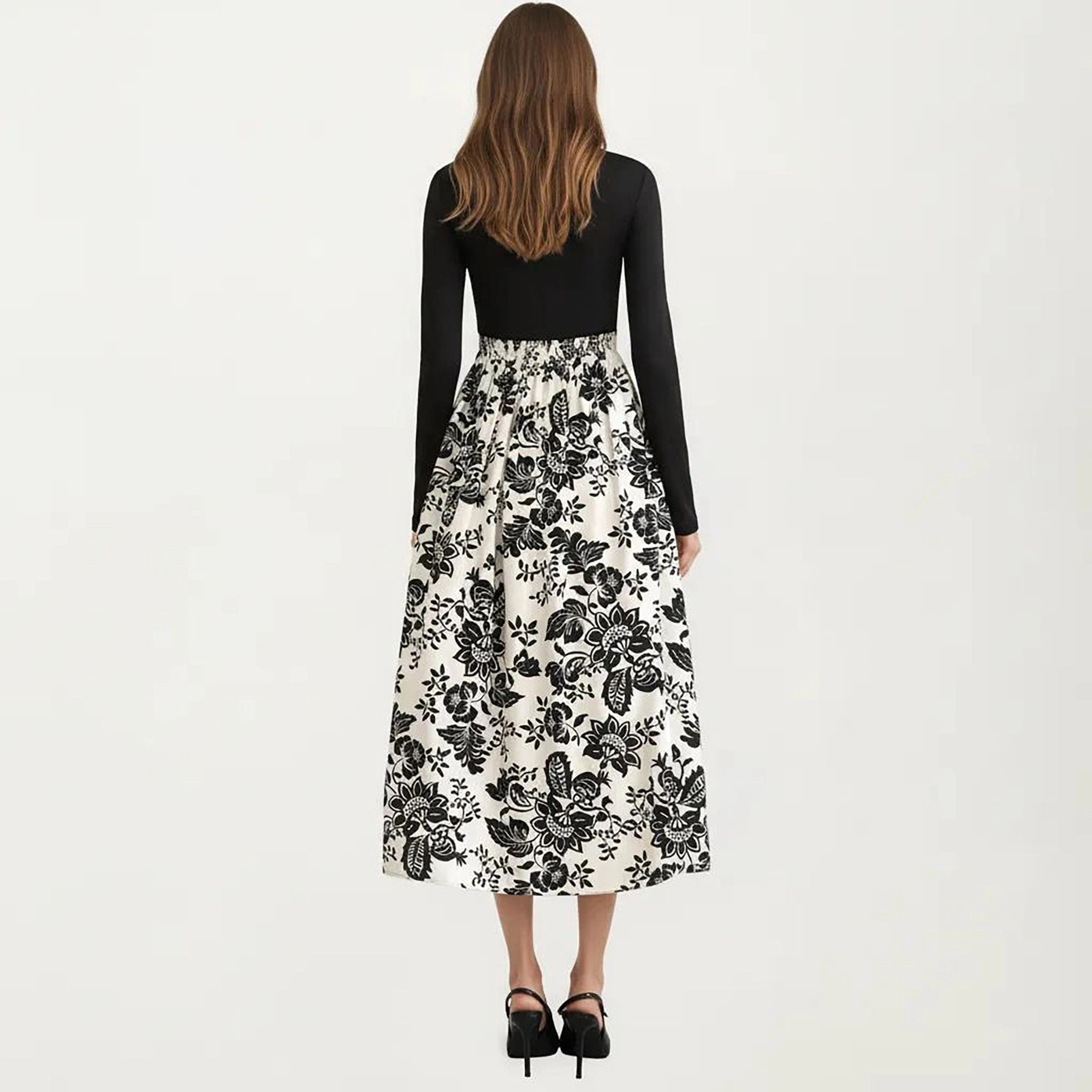 Anna-Kaci Women's Long Sleeve Mixed Media Fitted Bodice Floral Print Midi Dress
