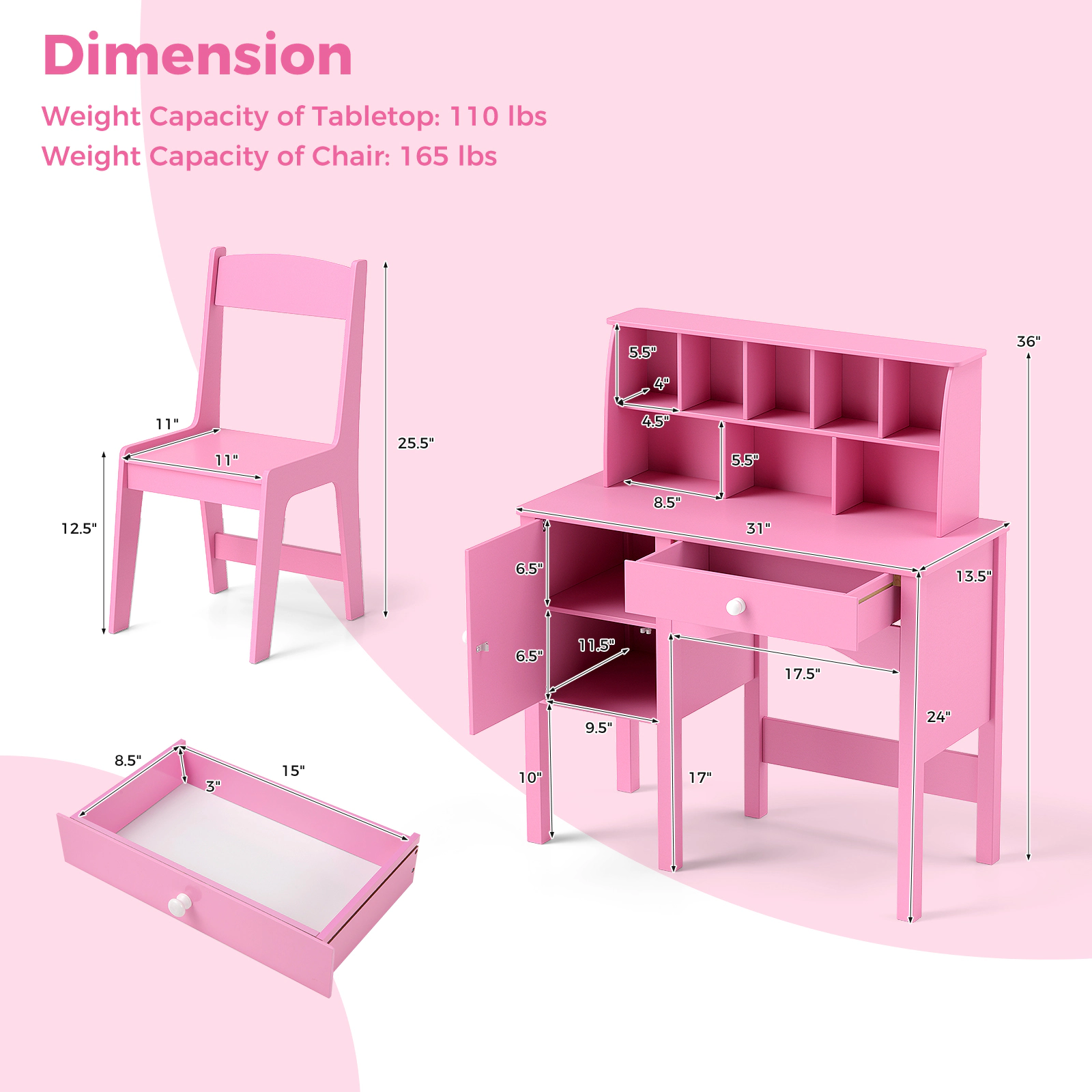 SUGIFT Pink Hutch Side Cabinet and Anti-Toppling Device Kids Study Desk and Chair Set