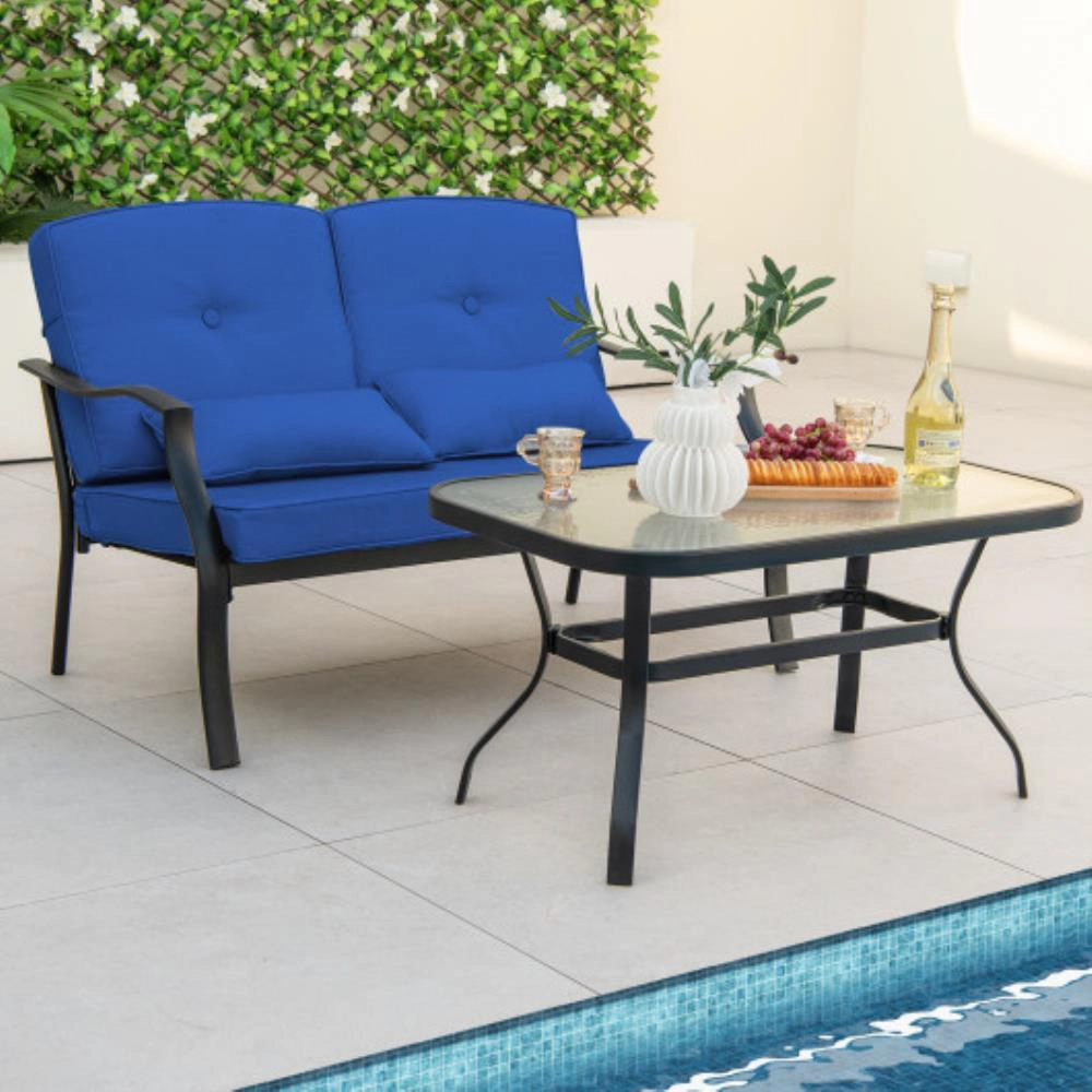 Hivvago Outdoor Loveseat Chair Set With Coffee Table And Seat Back Cushions-Navy