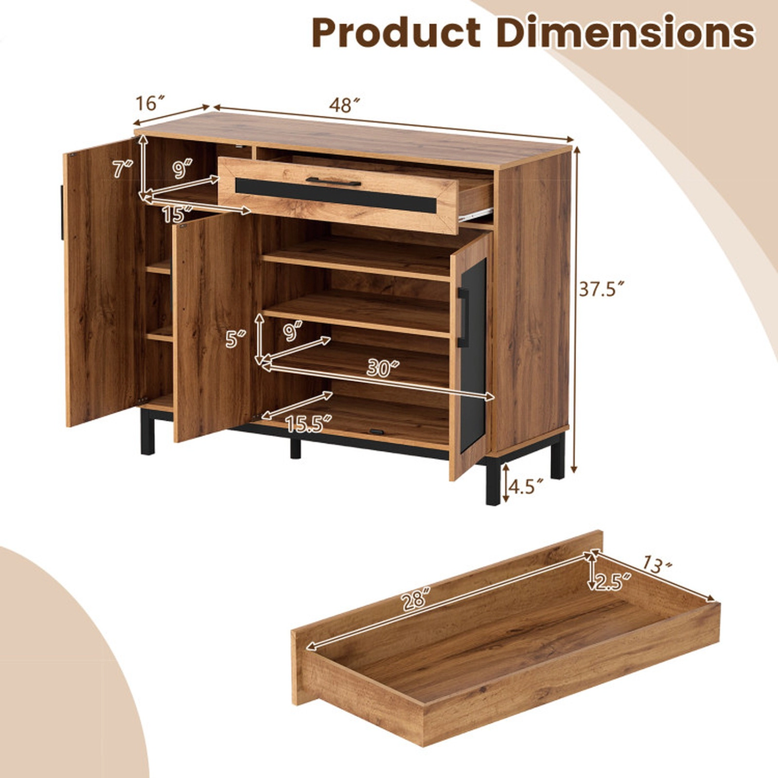 SUGIFT 48-in Sideboard Buffet Cabinet with Drawer and Metal Legs 88-Lb Countertop Capacity Natural + Black