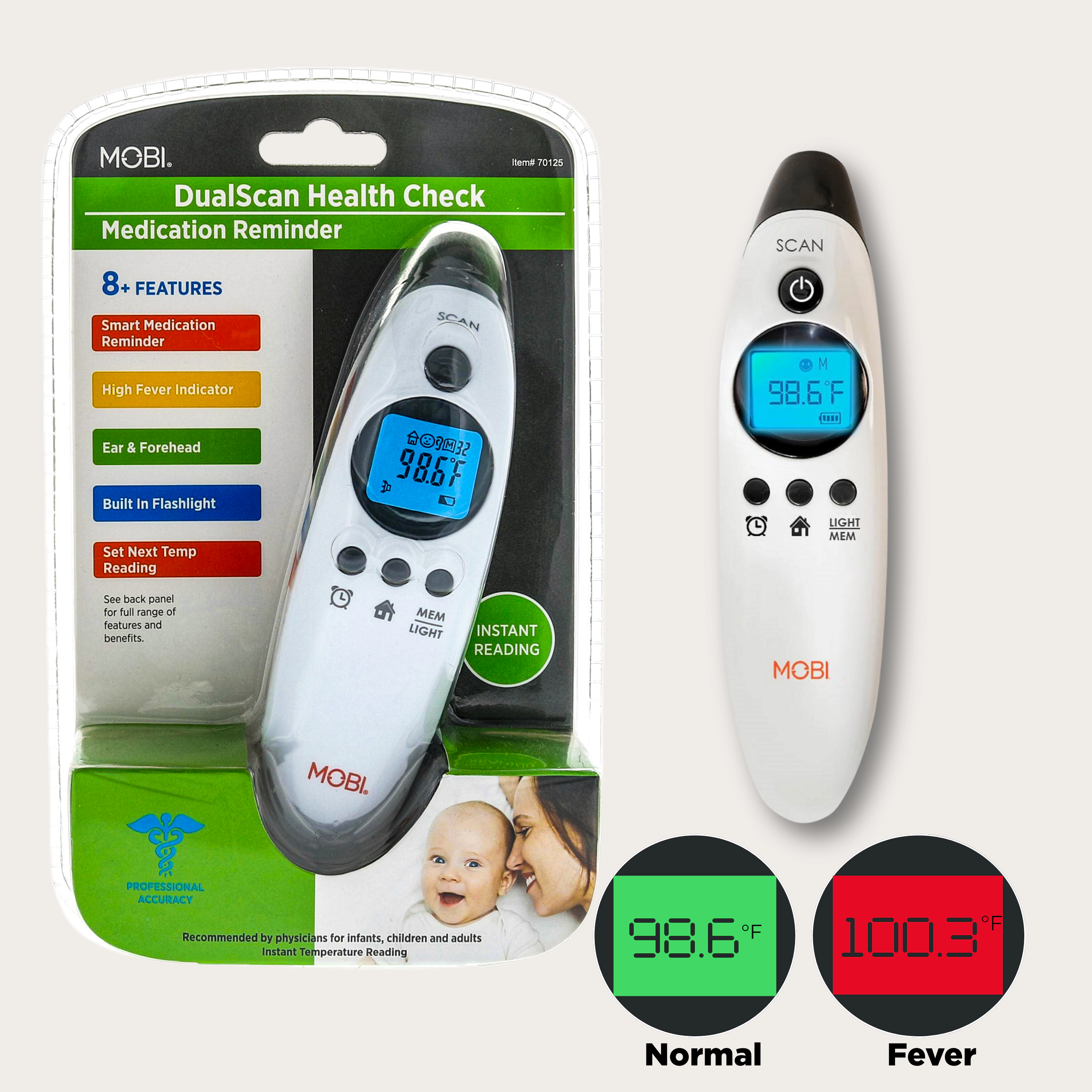MOBI DualScan Health Check Ear & Forehead Digital Thermometer + Medication Reminder Alarm
