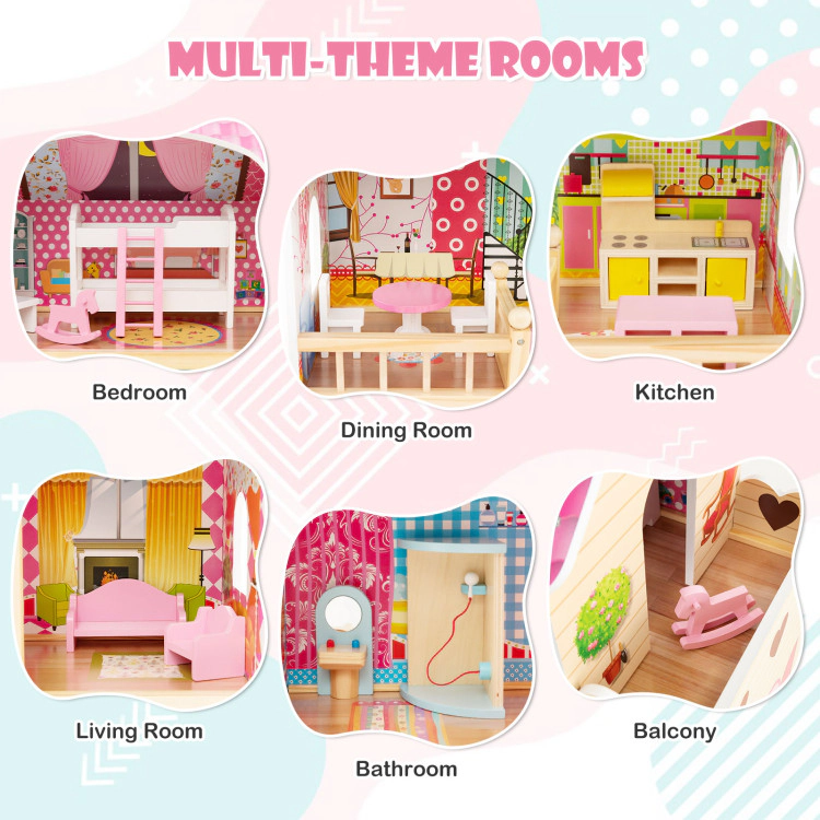 Hivvago Doll House Playset with 3 Stories and 6 Simulated Rooms and 15 Pieces of Furniture