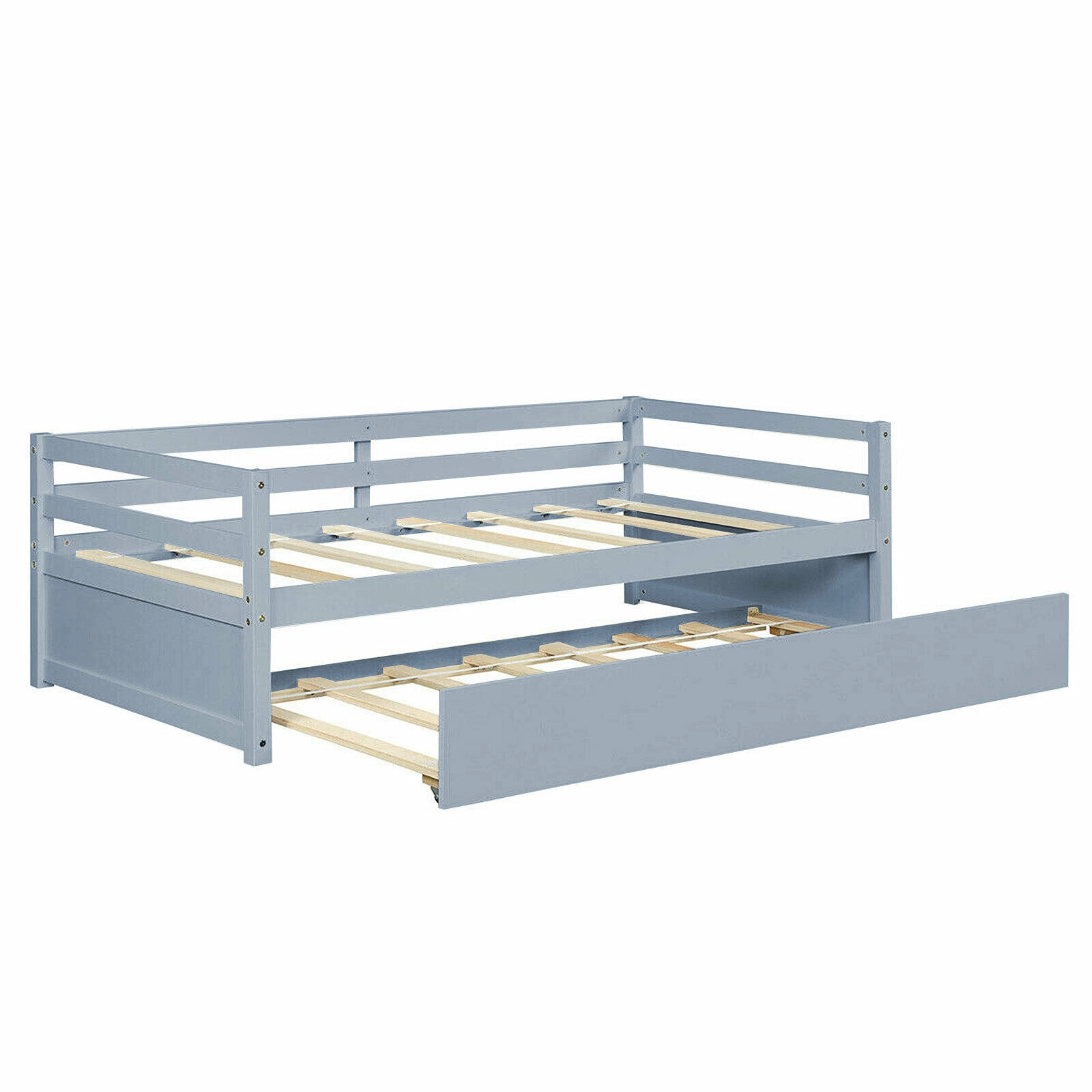 SUGIFT Wooden Slat Support and Roll-Out Trundle Twin Platform Bed Frame