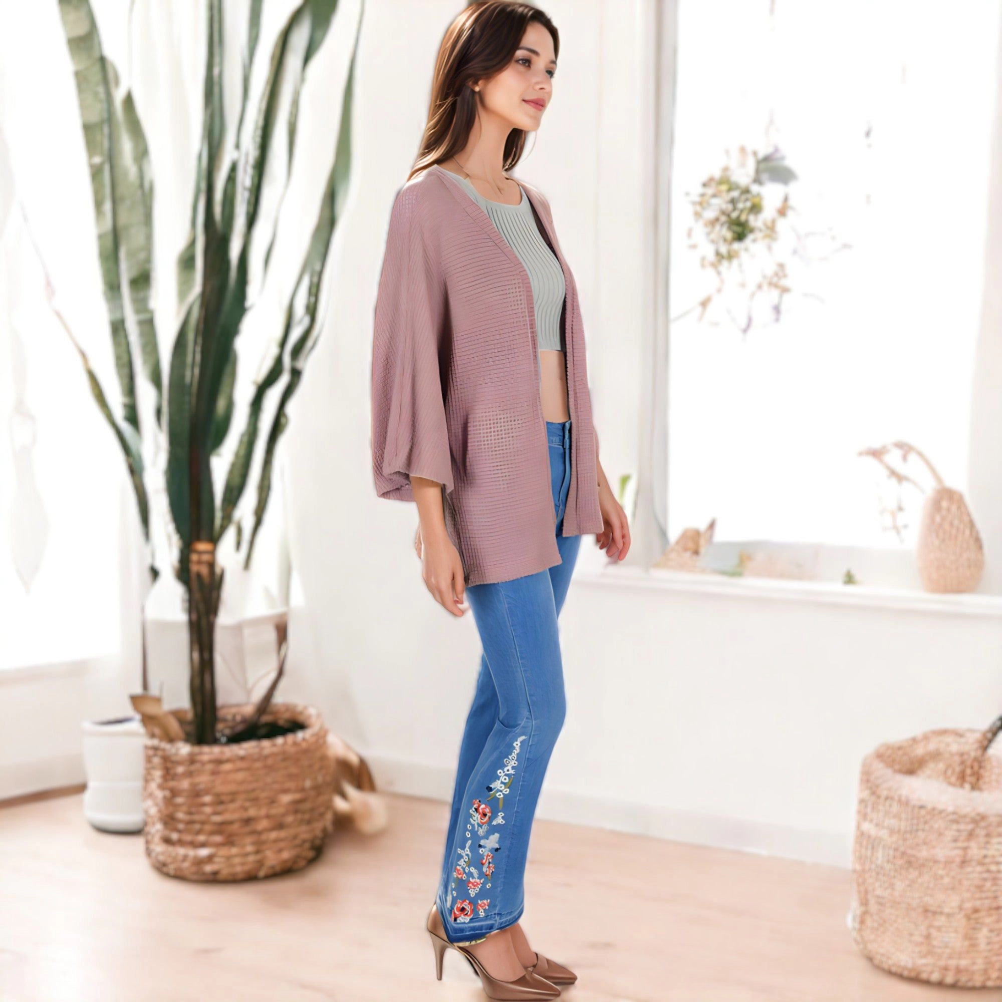 Anna-Kaci Women's Waffle Knit Lightweight Duster 3/4 Batwing Sleeve Cardigan