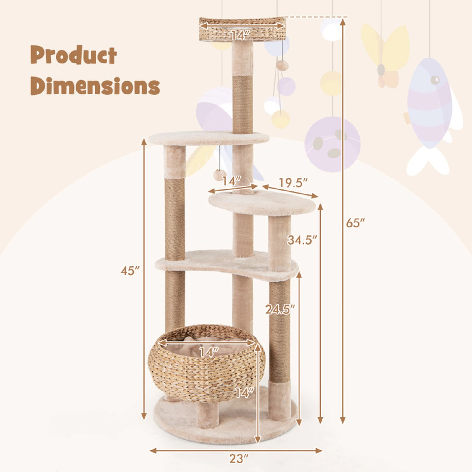 SUGIFT Multi-Level Cat Tree with Top Perch Condo Hammock and Scratching Posts 22-lb Capacity Beige Natural