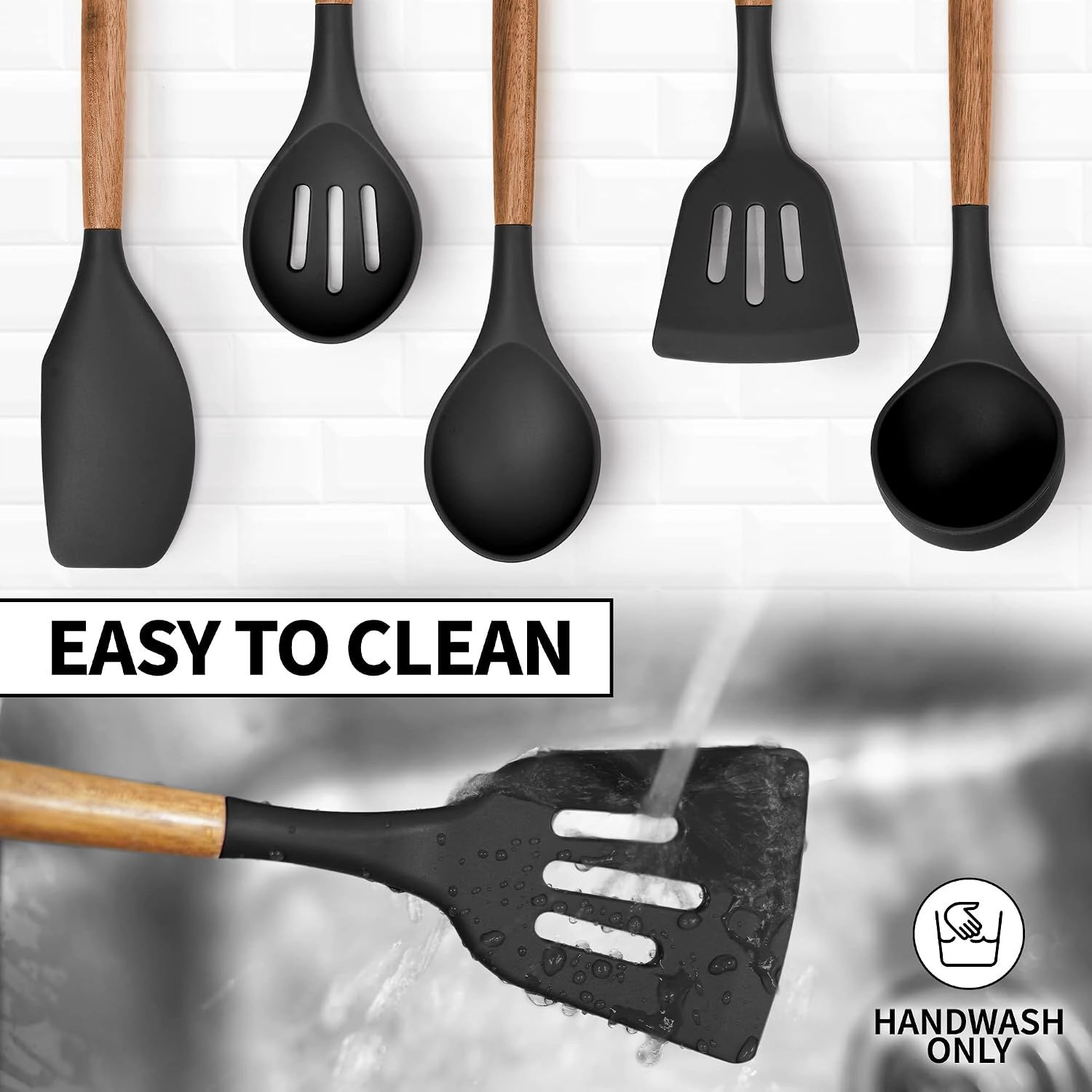 Zulay Kitchen Utensils Set Non-Stick Silicone Cooking with Authentic Acacia Wood Handles 5 Piece