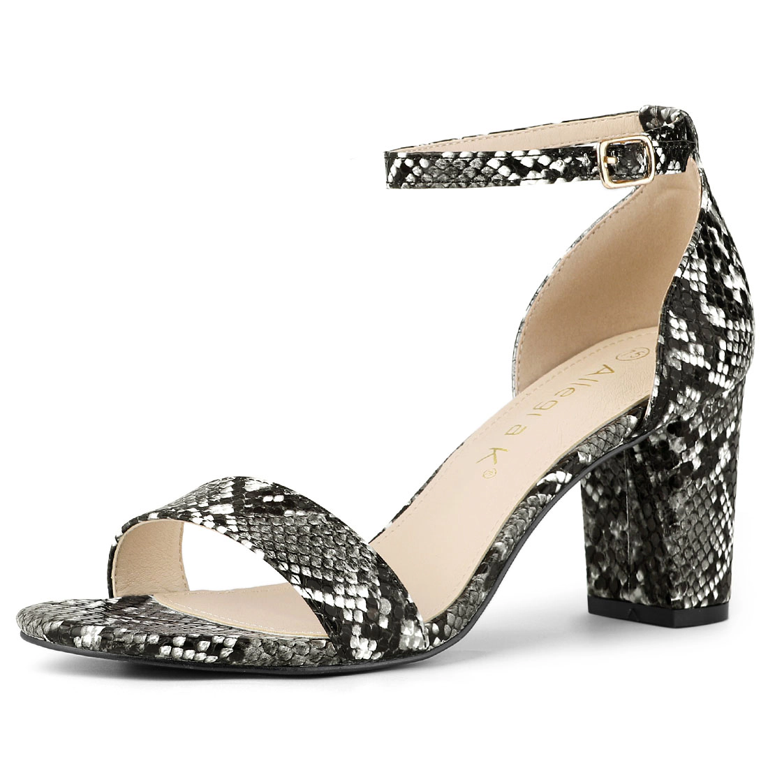 BLISSFUL STEP Women's Snakeskin Chunky Heels Ankle Strap Open Toe Sandals