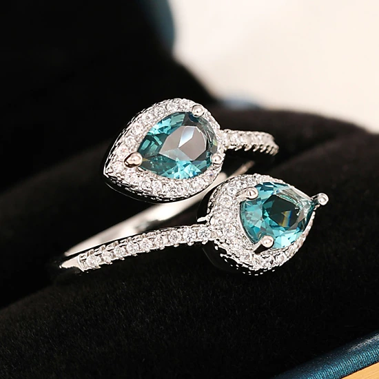 Wardrobe Whimsy Womens Pear Cut Teal Cubic Zirconia Bypass Halo Ring Silver Tone Two Stone Statement Ring