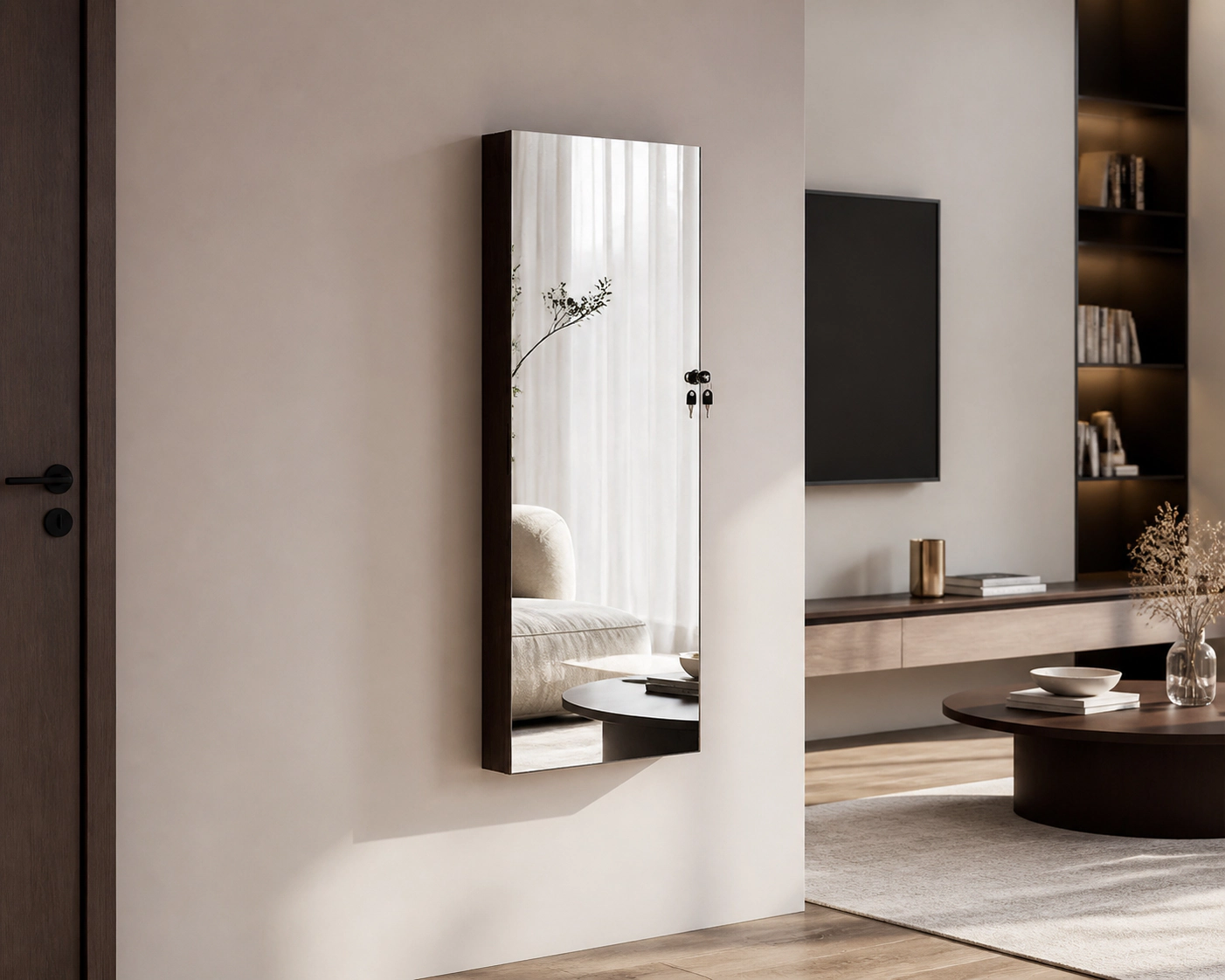 SUGIFT 43.5-in Dark Brown Jewelry Mirror Cabinet with Full-Length Mirror Door Hangers and Makeup Mirror