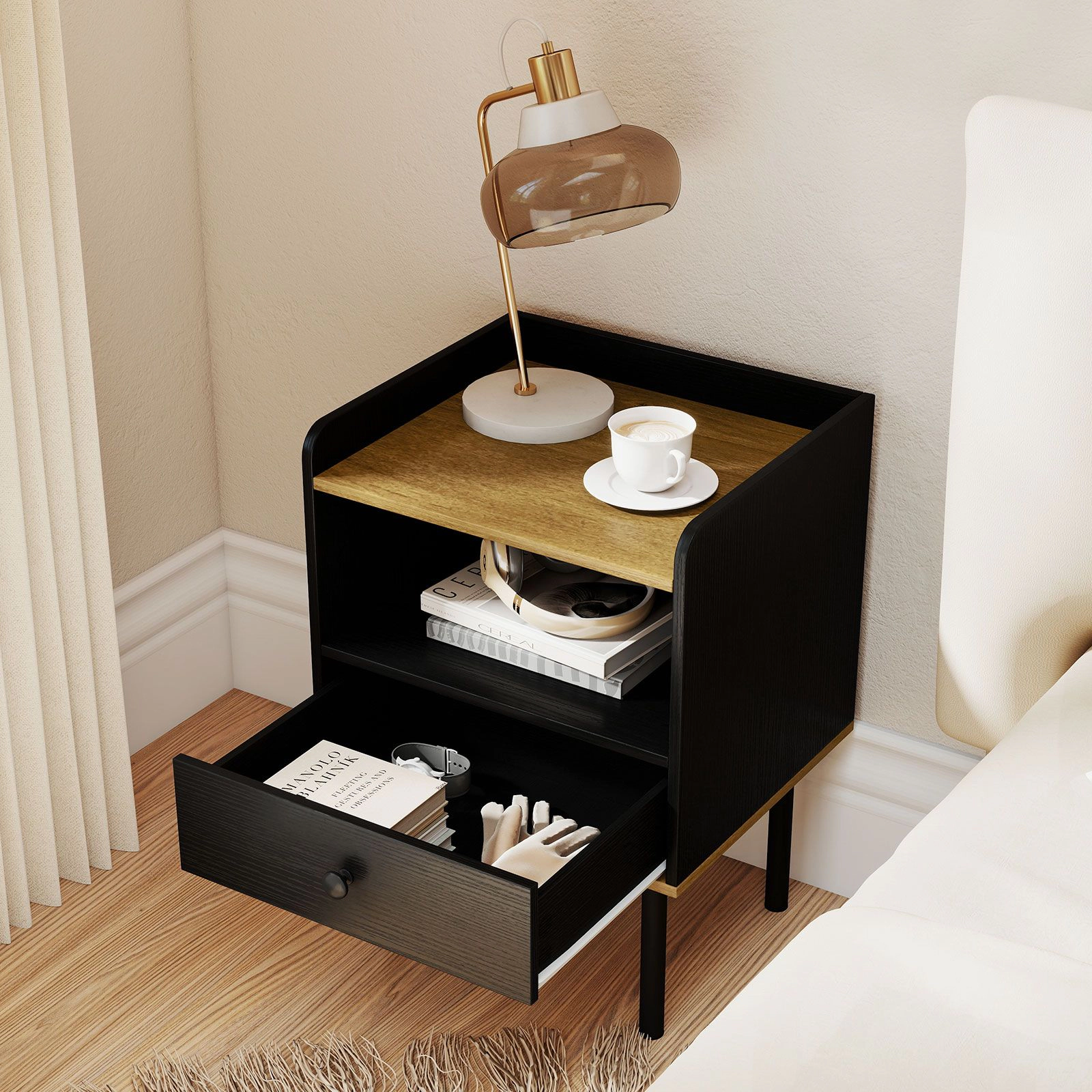 SlickBlue Unisex Modern Nightstand with Drawer and Open Shelf