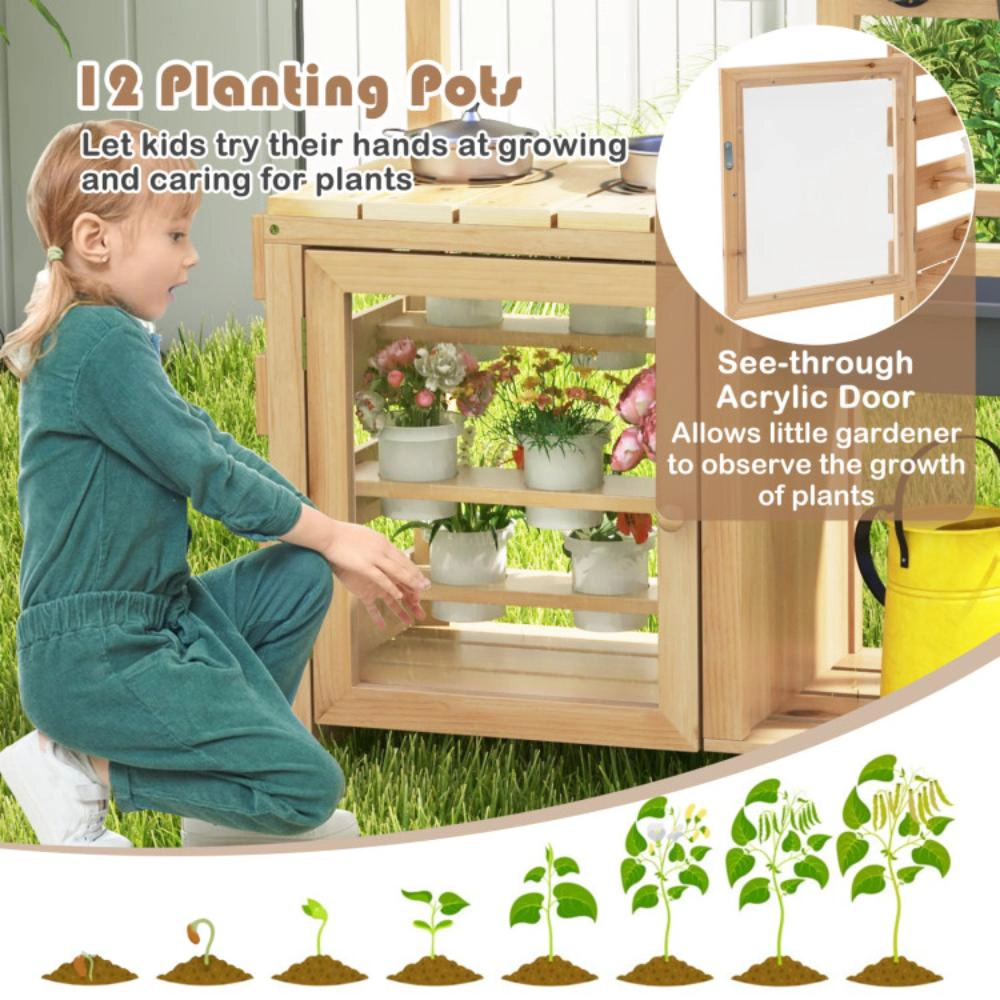 Hivvago Mud Kitchen Playset with Sink and Plants Observation Room-Natural