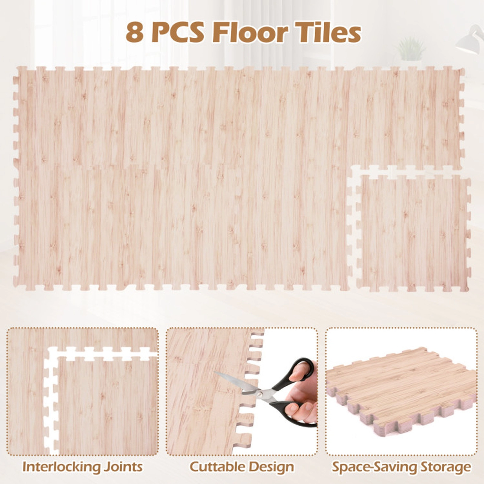 SUGIFT Natural 8 Piece Wood Texture Interlocking Foam Floor Mats with Cuttable Edges 20-in W 20-in D 0.16-in H
