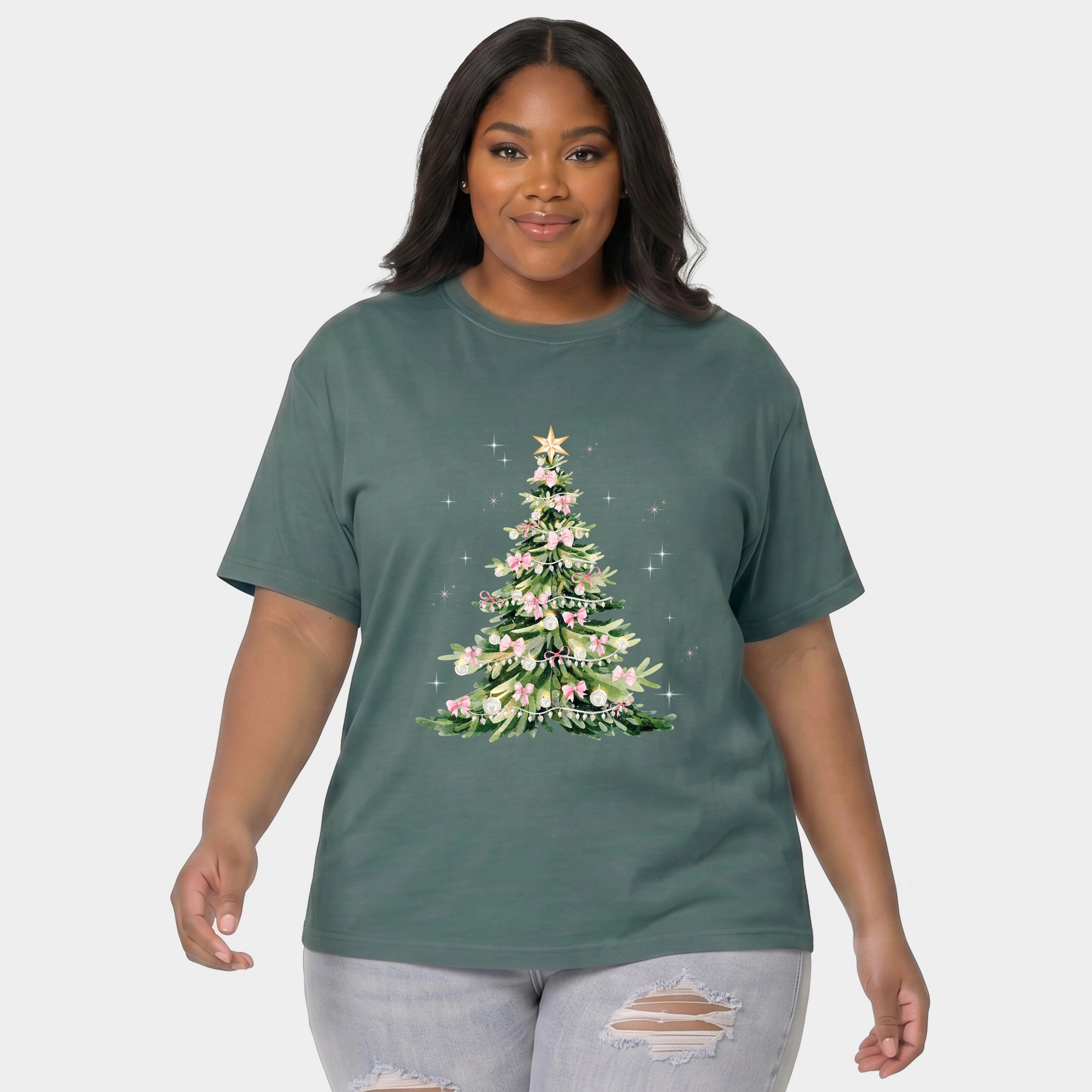 Simply Sage Market - Women's Plus Garment Dyed Tee Watercolor Christmas Tree Sparkle