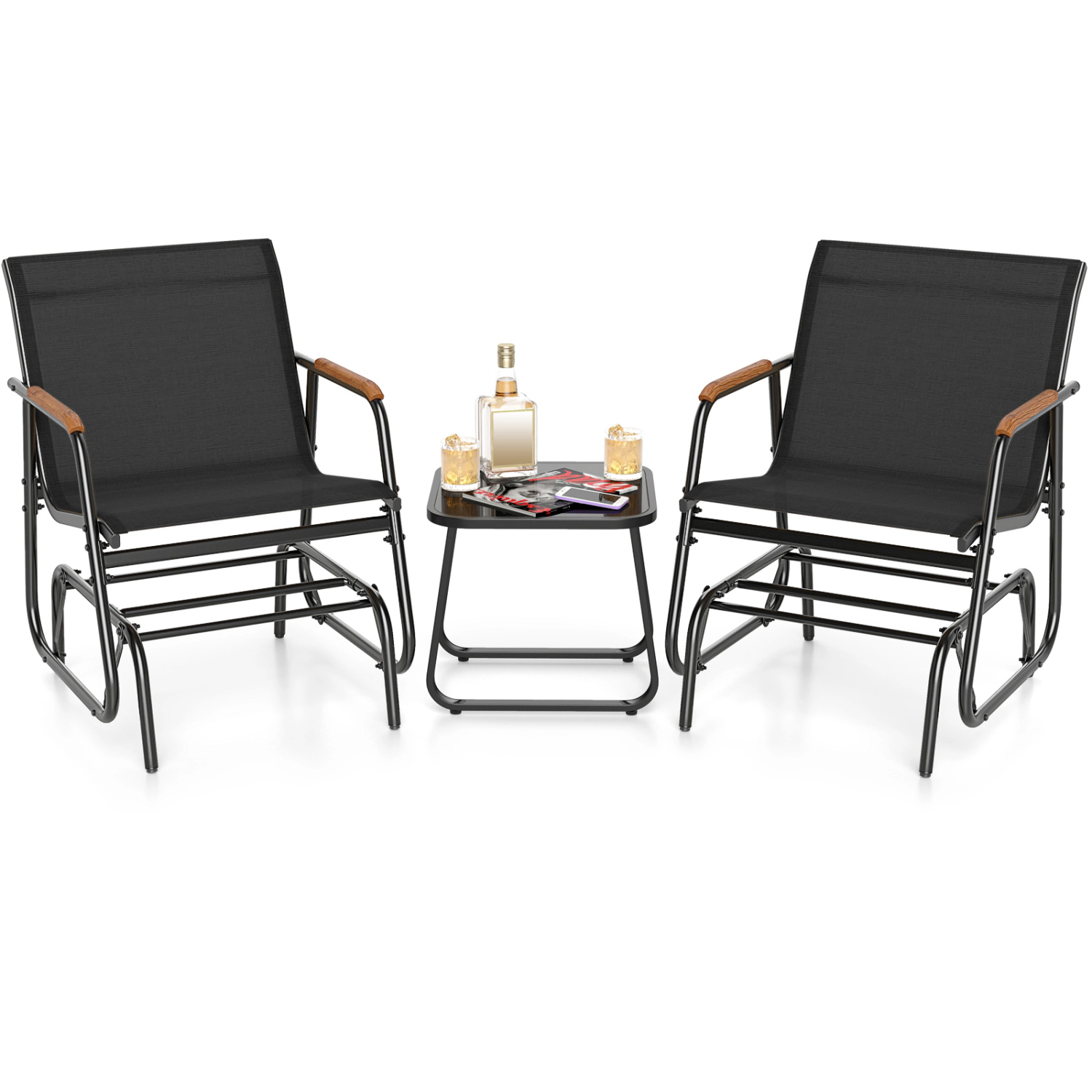 LJG 3-Piece Outdoor Glider Bistro Set with Tempered Glass Top and Metal Frame
